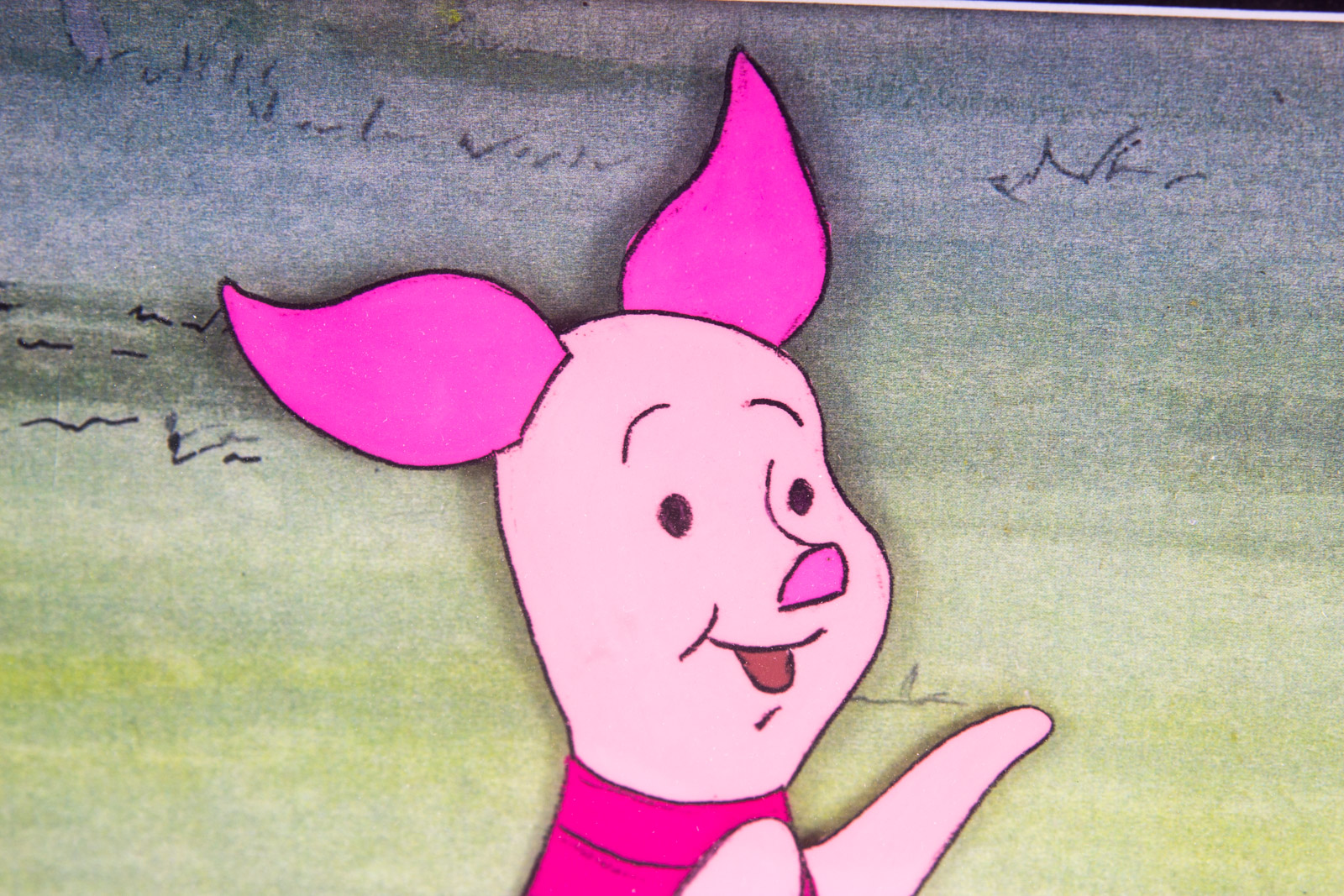 Paul Carlson Hand Painted 1980s Piglet "Winnie the Pooh" Animation Cel and Preparatory Drawing with Facsimile Walt Disney Signature