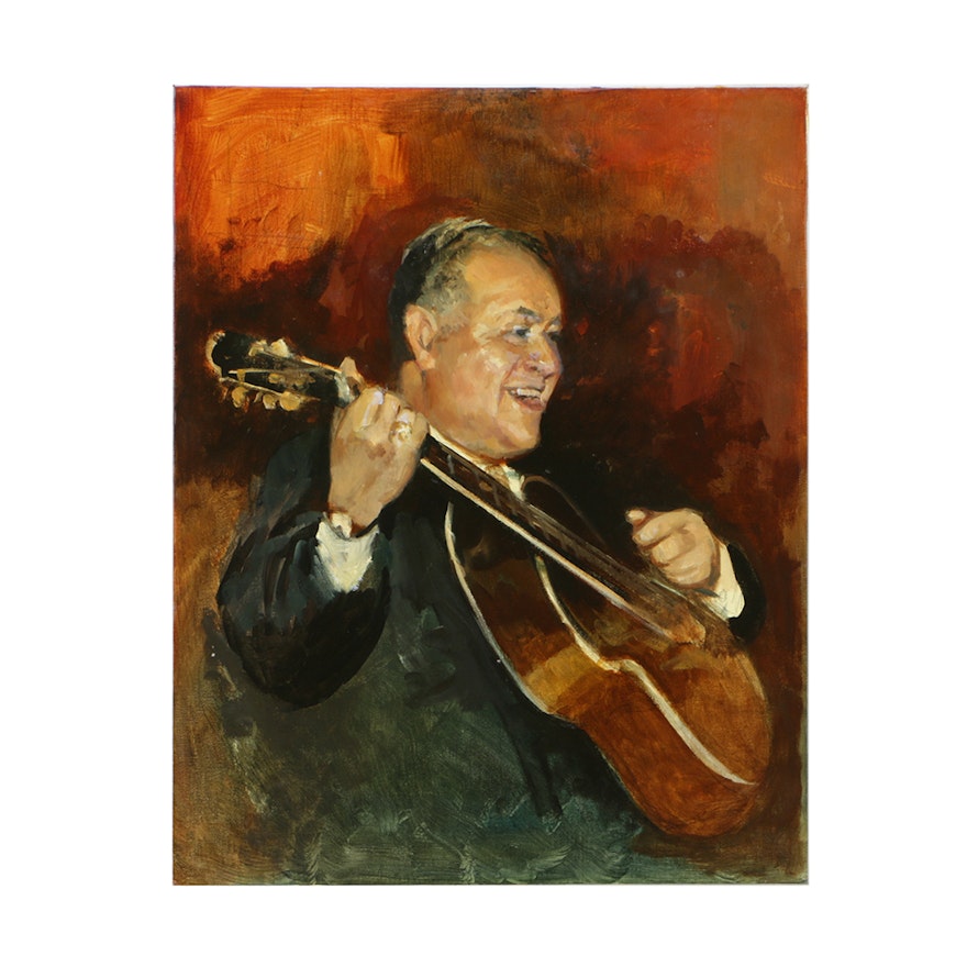 Oil Painting on Canvas Board of a Man with Guitar