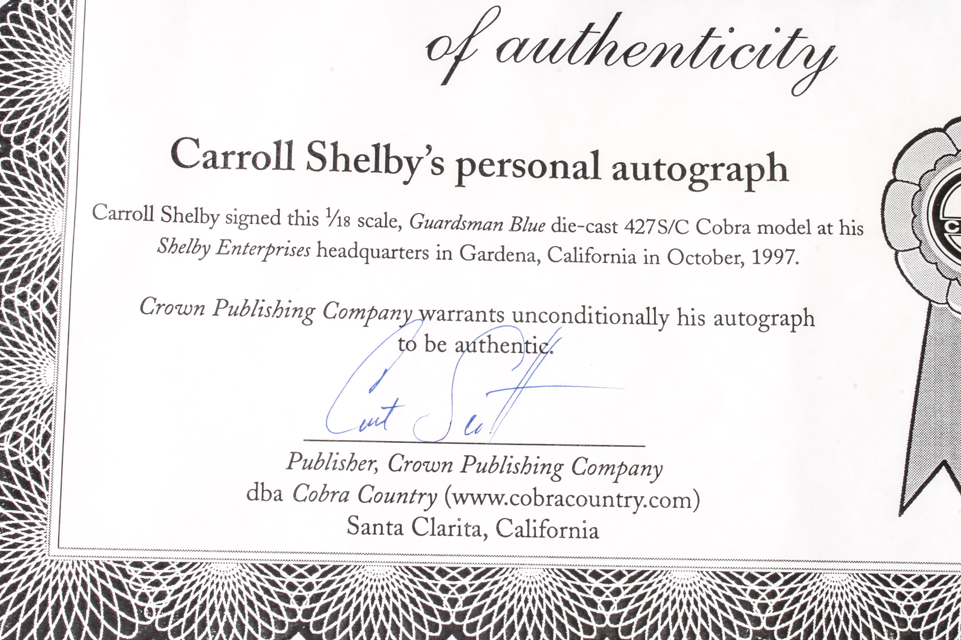 Carroll Shelby Autographed 1:18 Scale Model Shelby Cobra