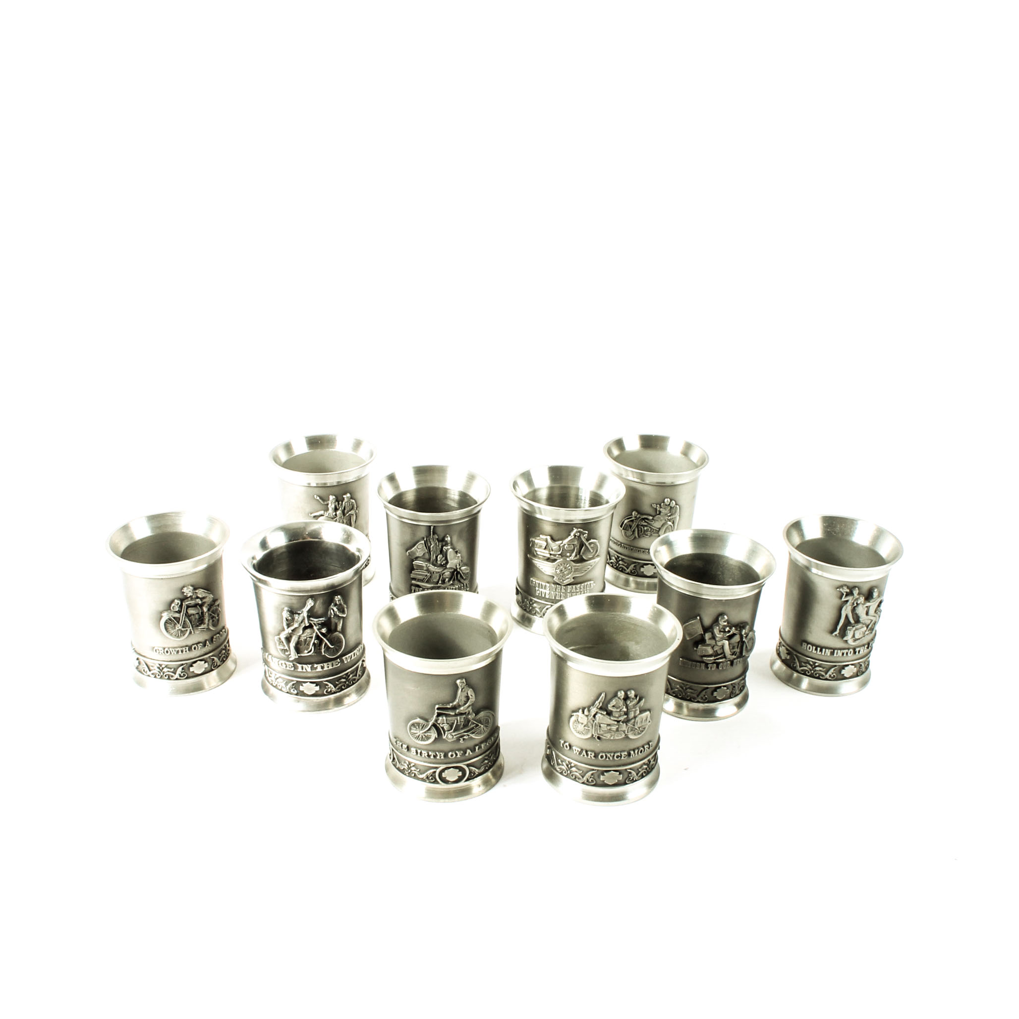 Set of Ten Harley-Davidson Pewter Decade Shot Glasses