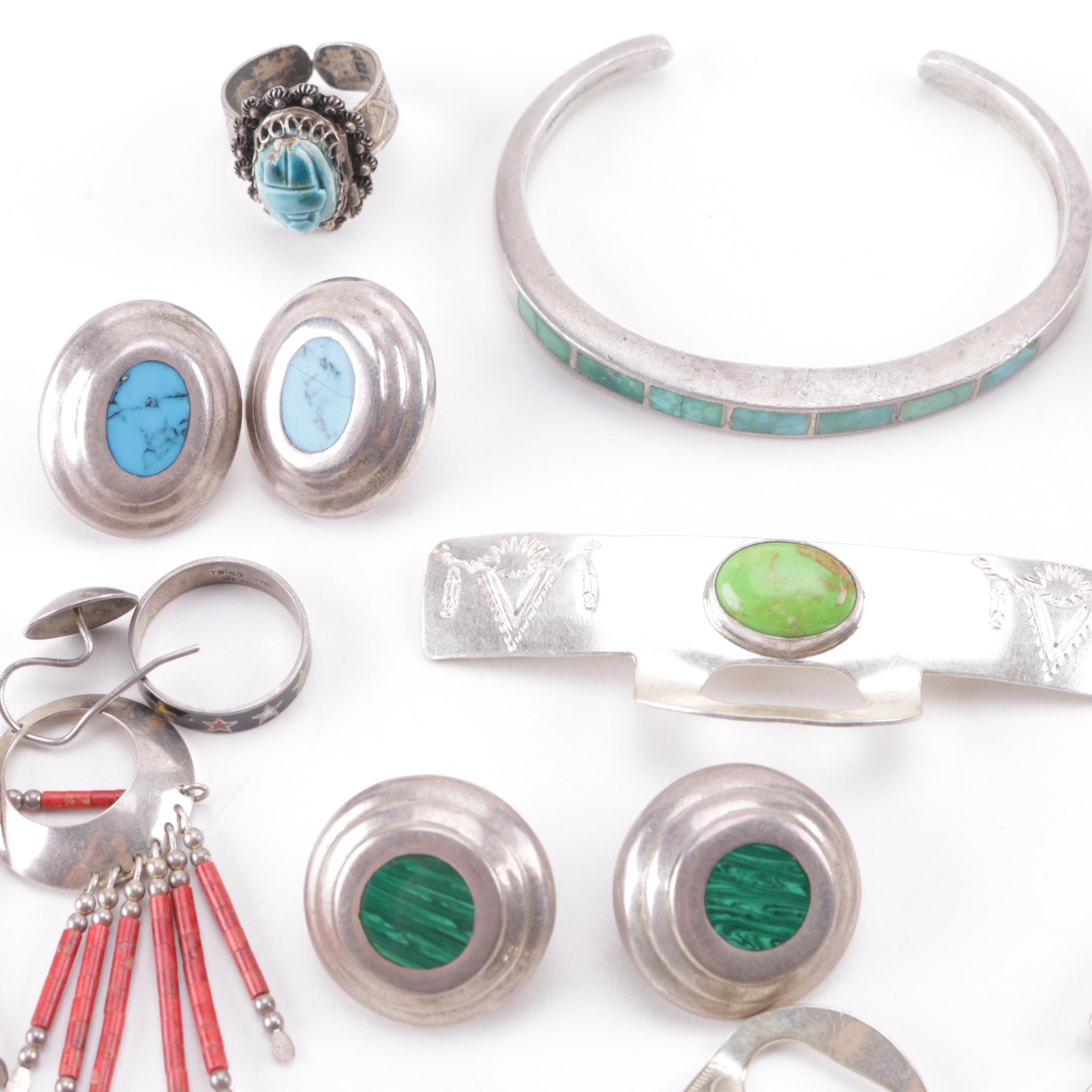 Southwestern Style Sterling and Silver Tone Jewelry With Gemstones Featuring Navajo Ben J. Chavez