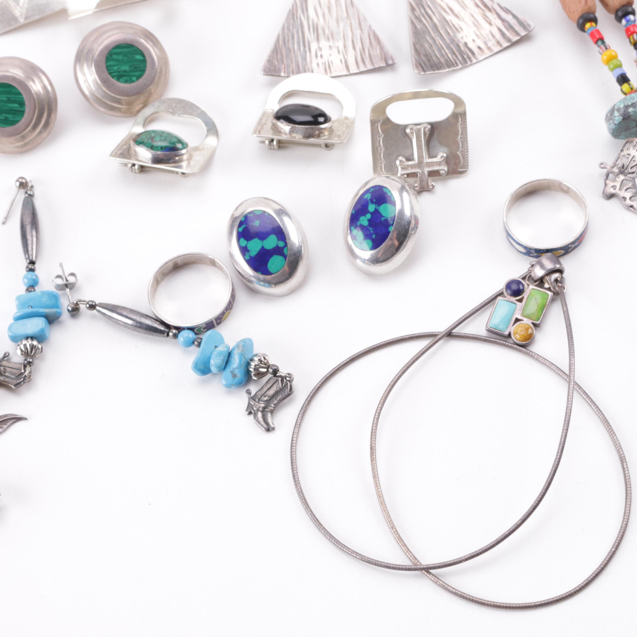 Southwestern Style Sterling and Silver Tone Jewelry With Gemstones Featuring Navajo Ben J. Chavez