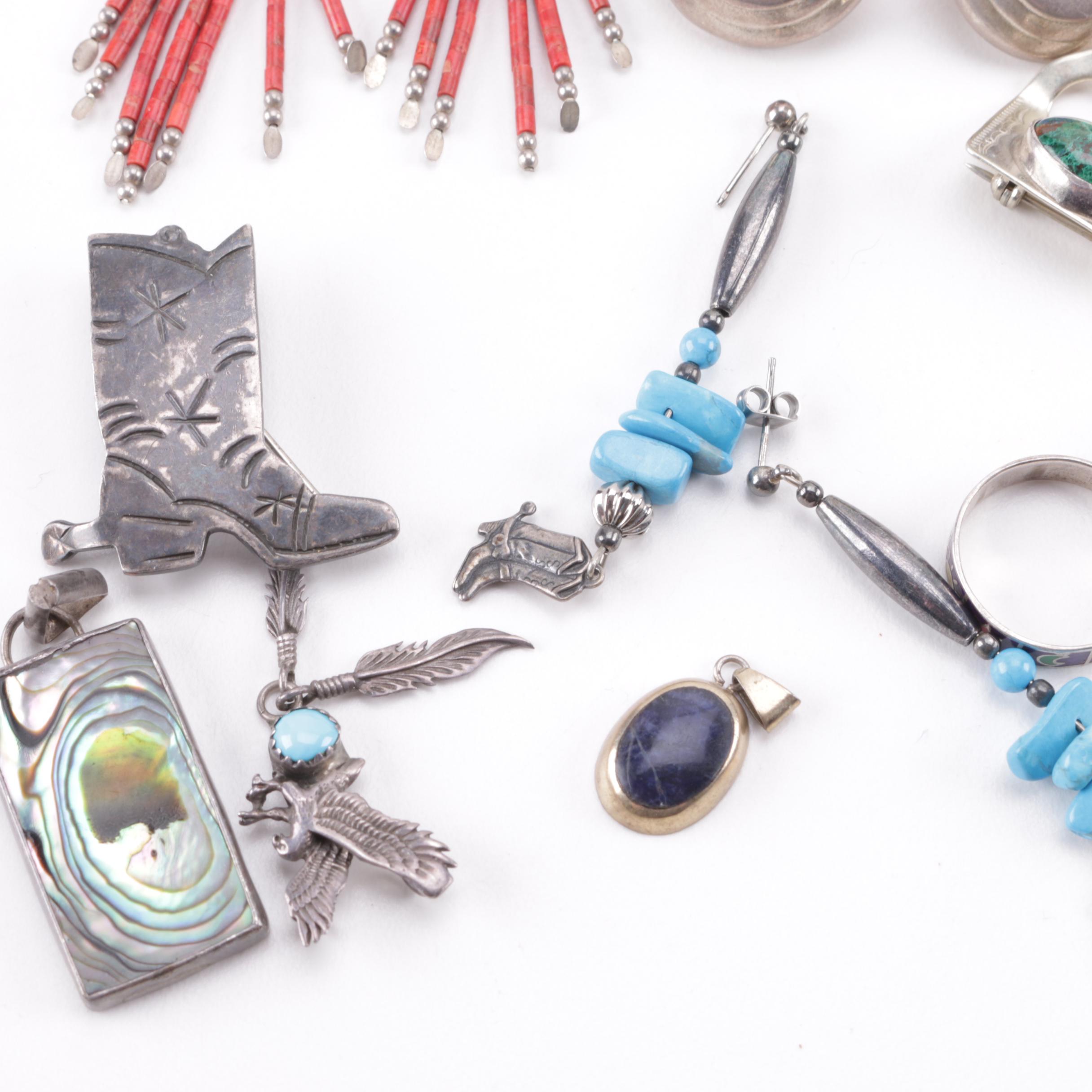 Southwestern Style Sterling and Silver Tone Jewelry With Gemstones Featuring Navajo Ben J. Chavez