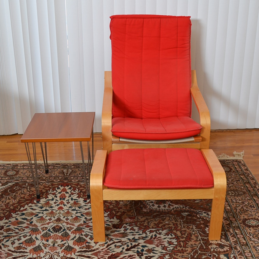 Mid Century Modern Armchair, Footstool, and Side Table