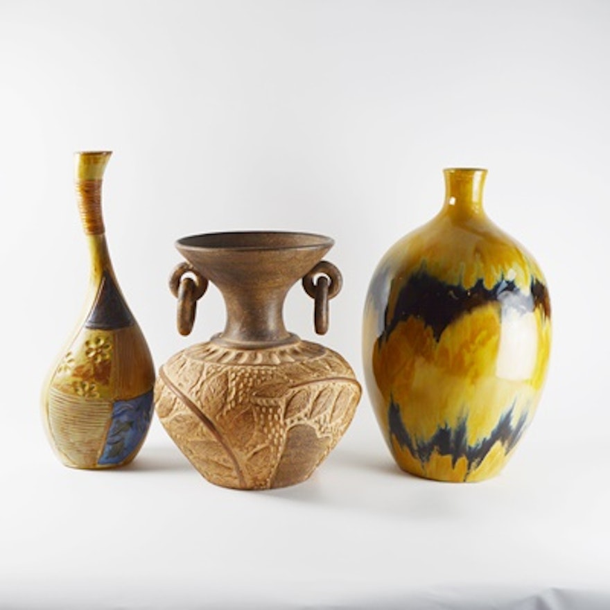 Three Earth Toned Patterned Pottery Vases