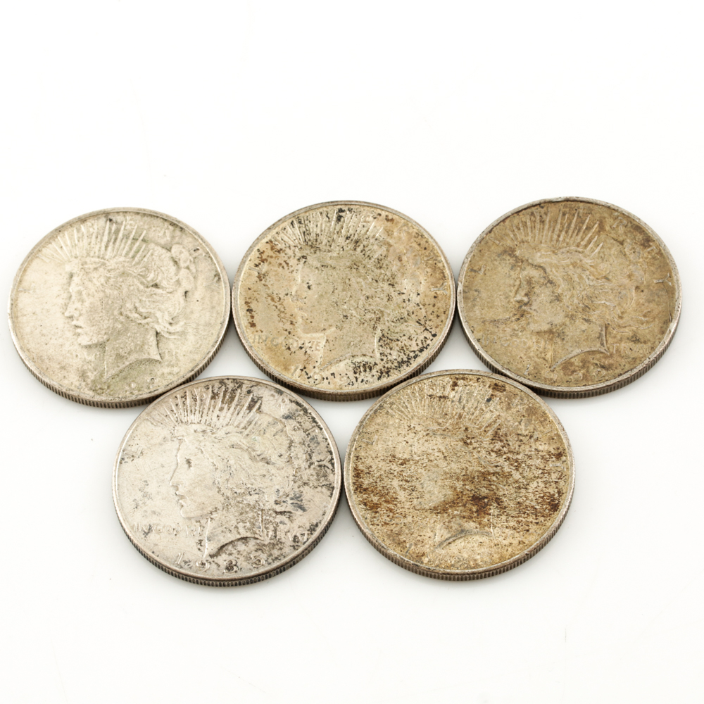 Five Peace Silver Dollars