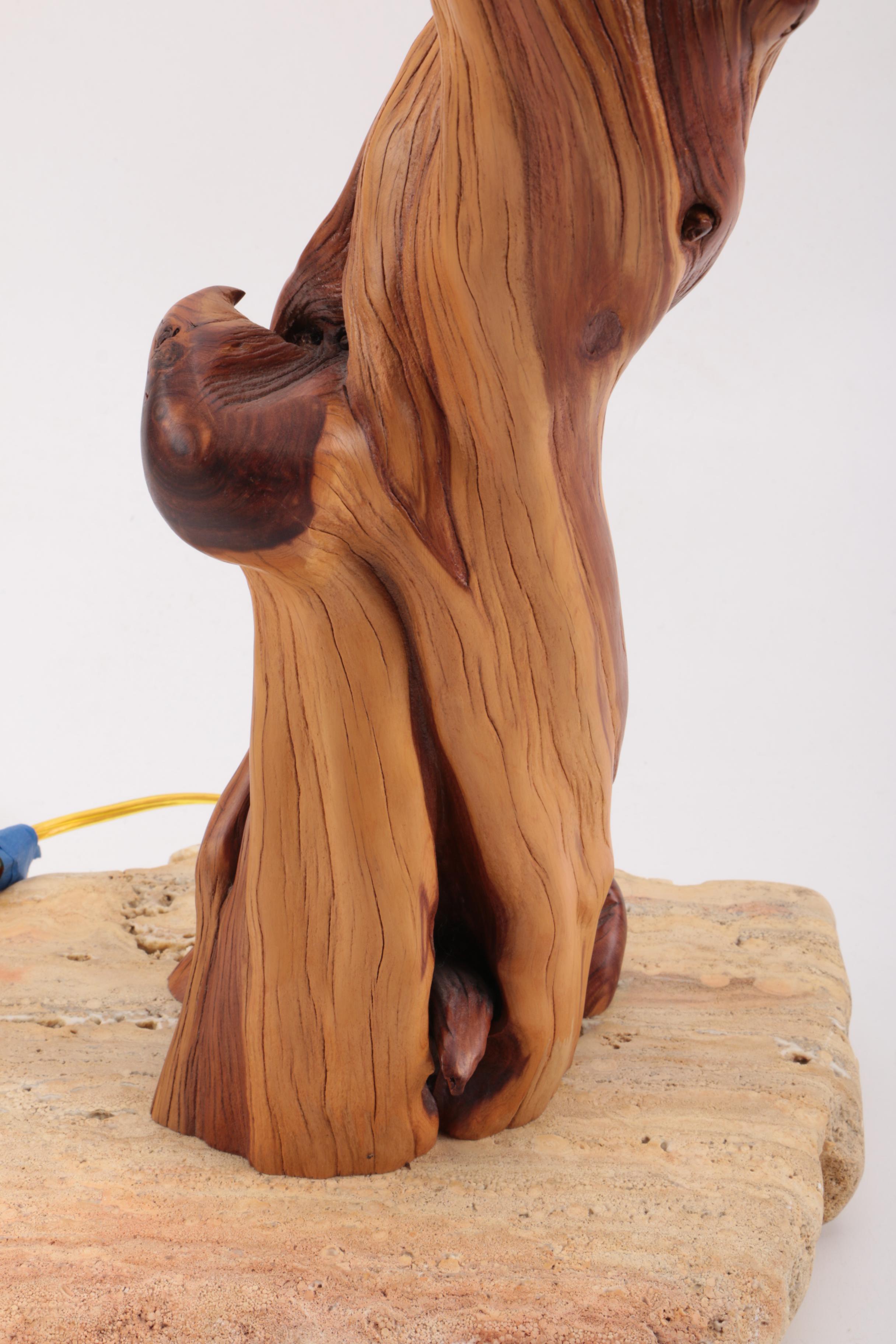 Signed Wood Table Lamp on Stone Base