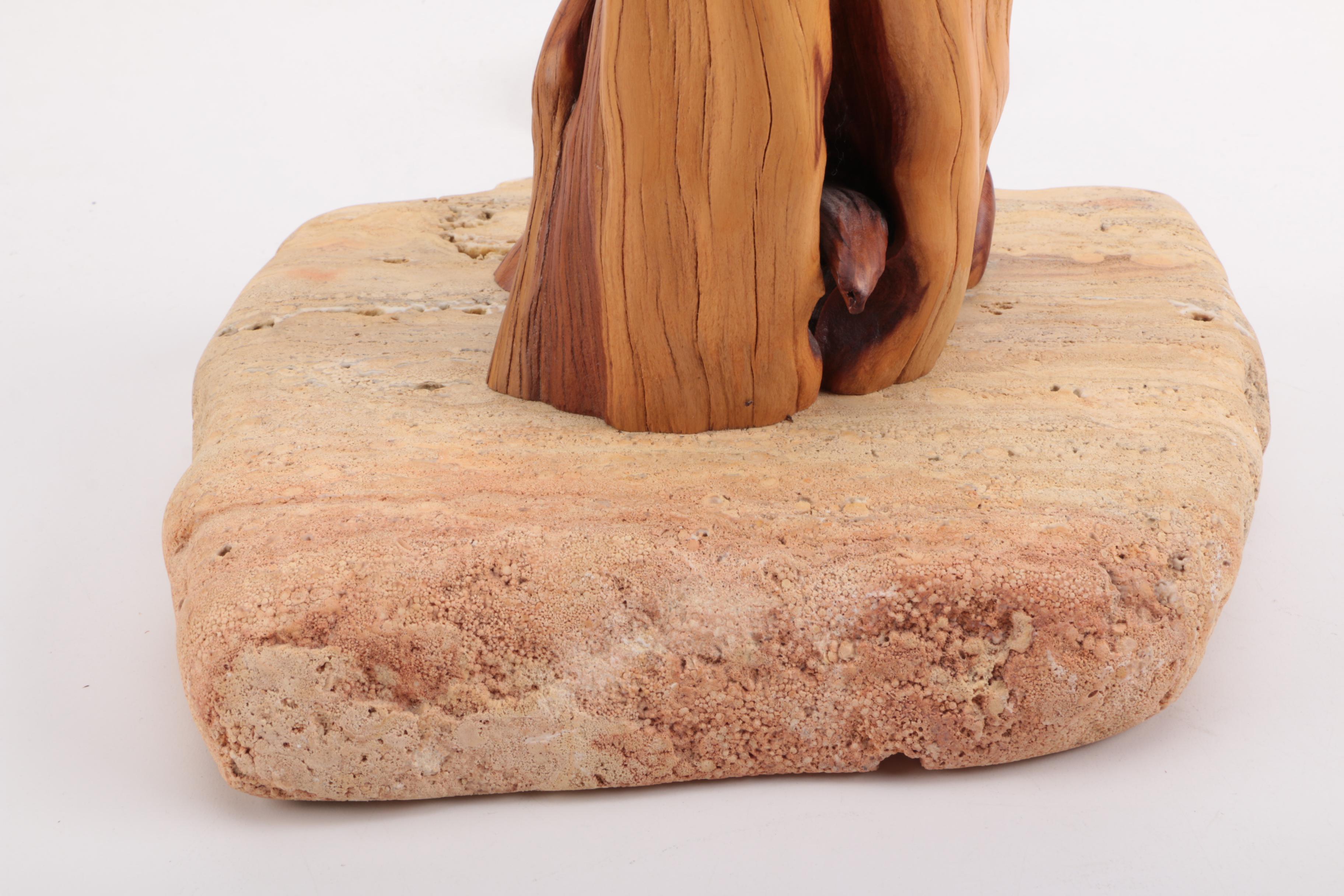 Signed Wood Table Lamp on Stone Base