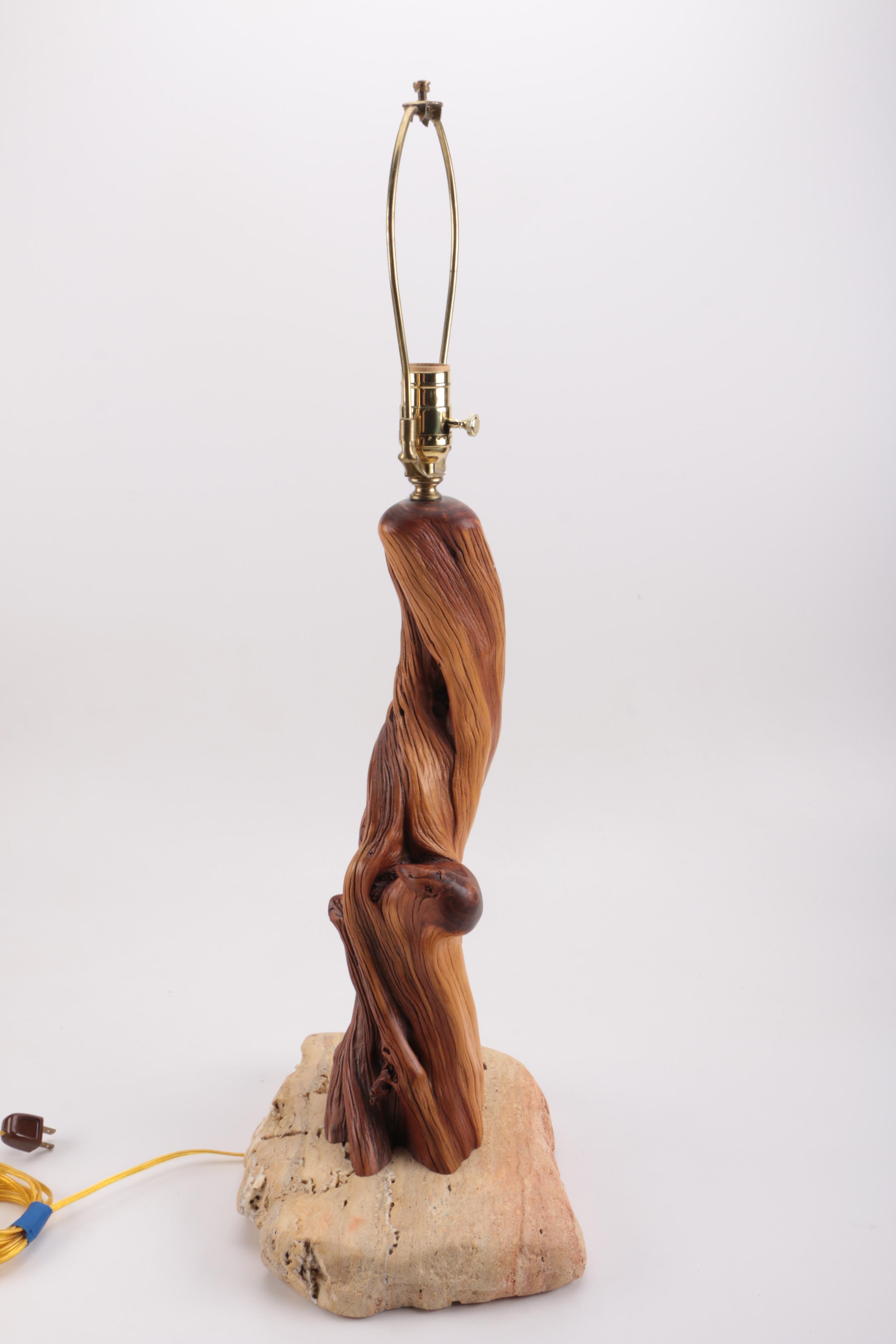 Signed Wood Table Lamp on Stone Base