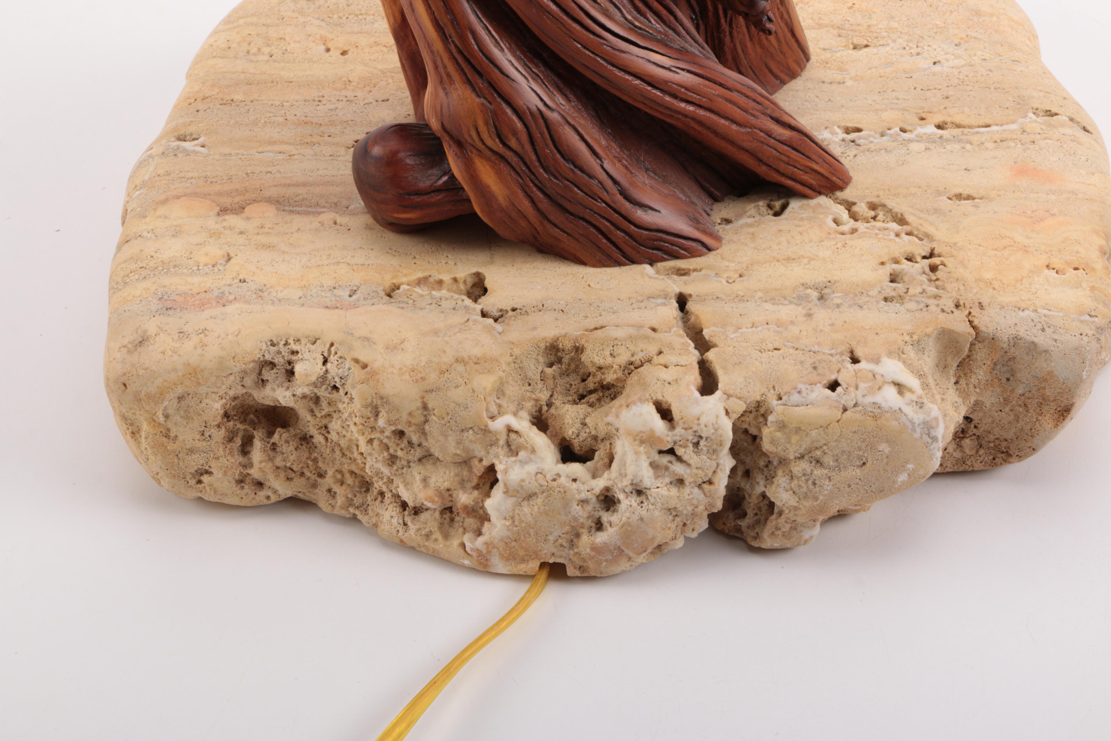 Signed Wood Table Lamp on Stone Base