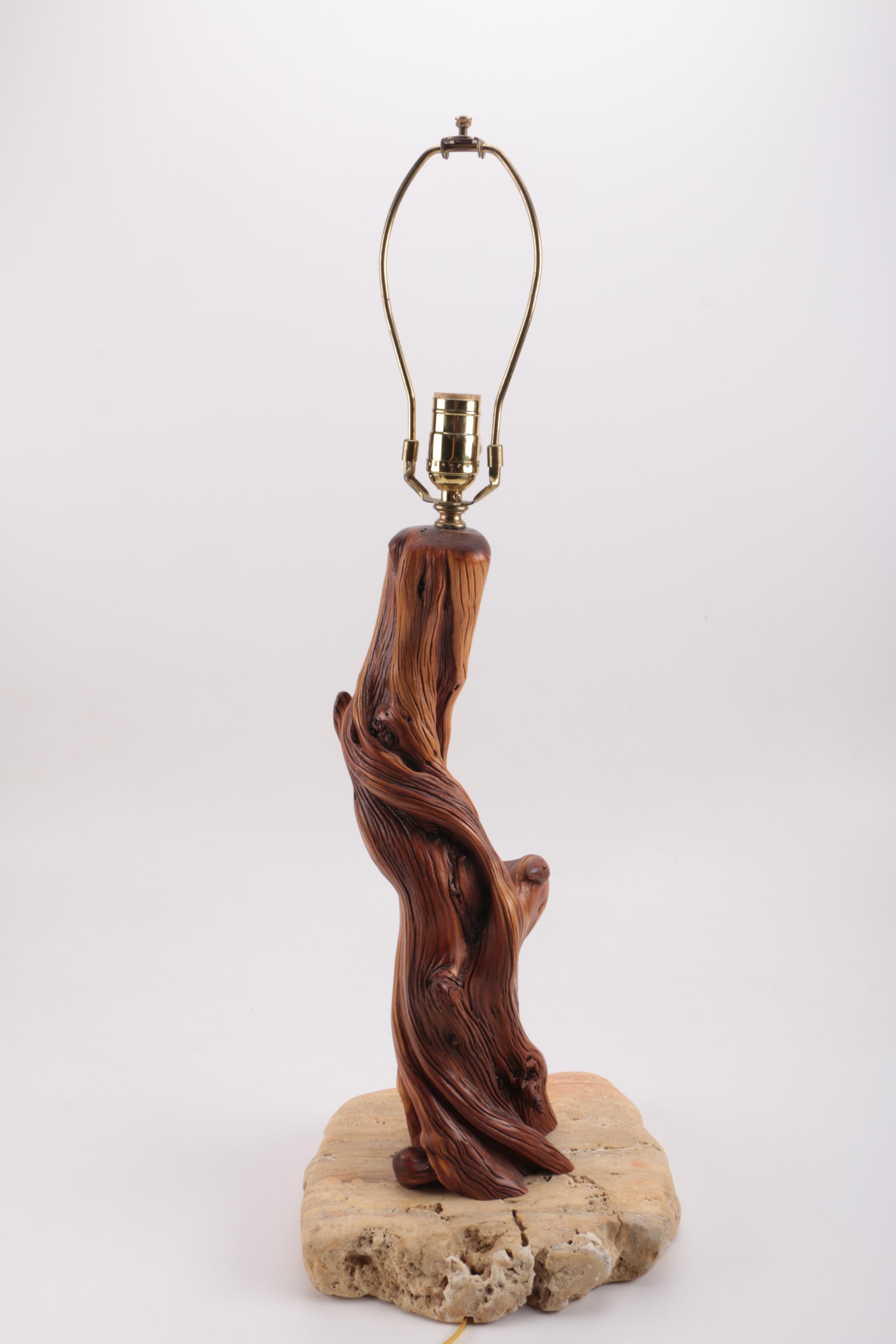 Signed Wood Table Lamp on Stone Base