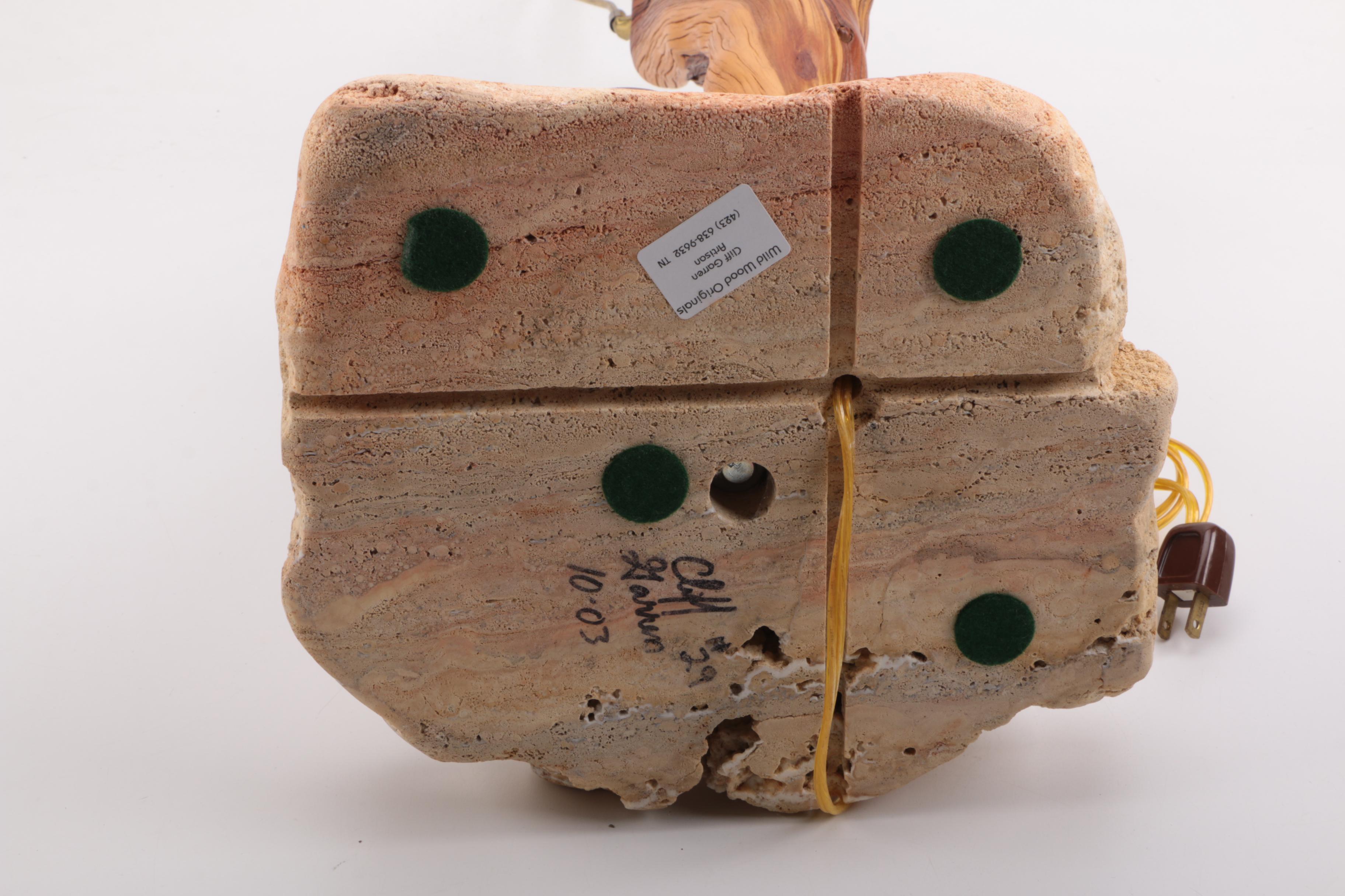 Signed Wood Table Lamp on Stone Base