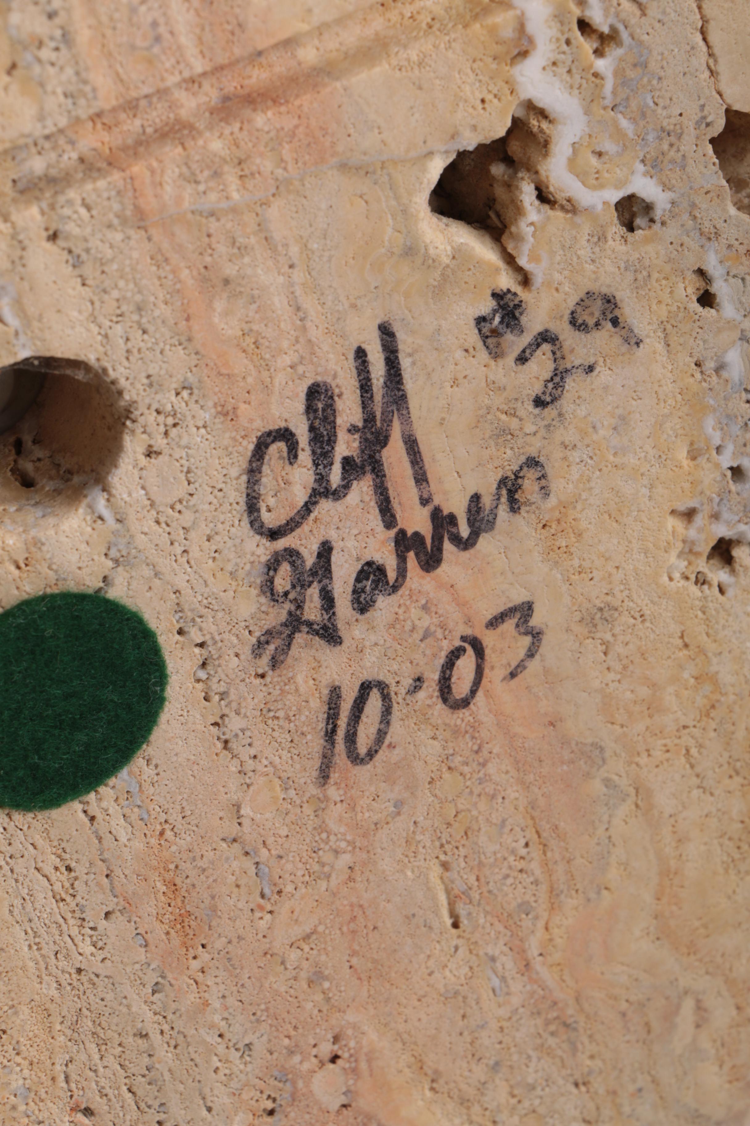 Signed Wood Table Lamp on Stone Base