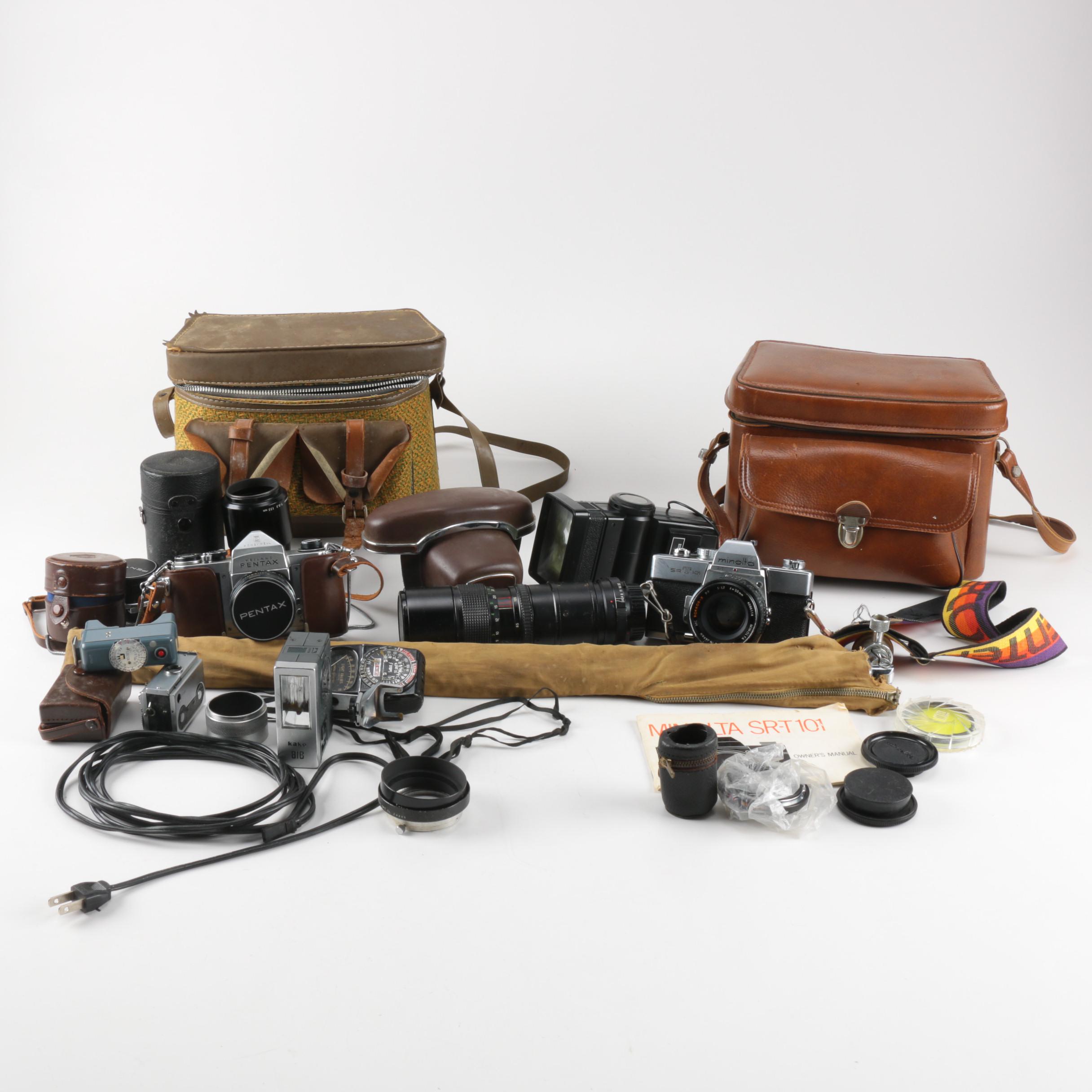 Minolta and Heiland Pentax Film Cameras with Accessories