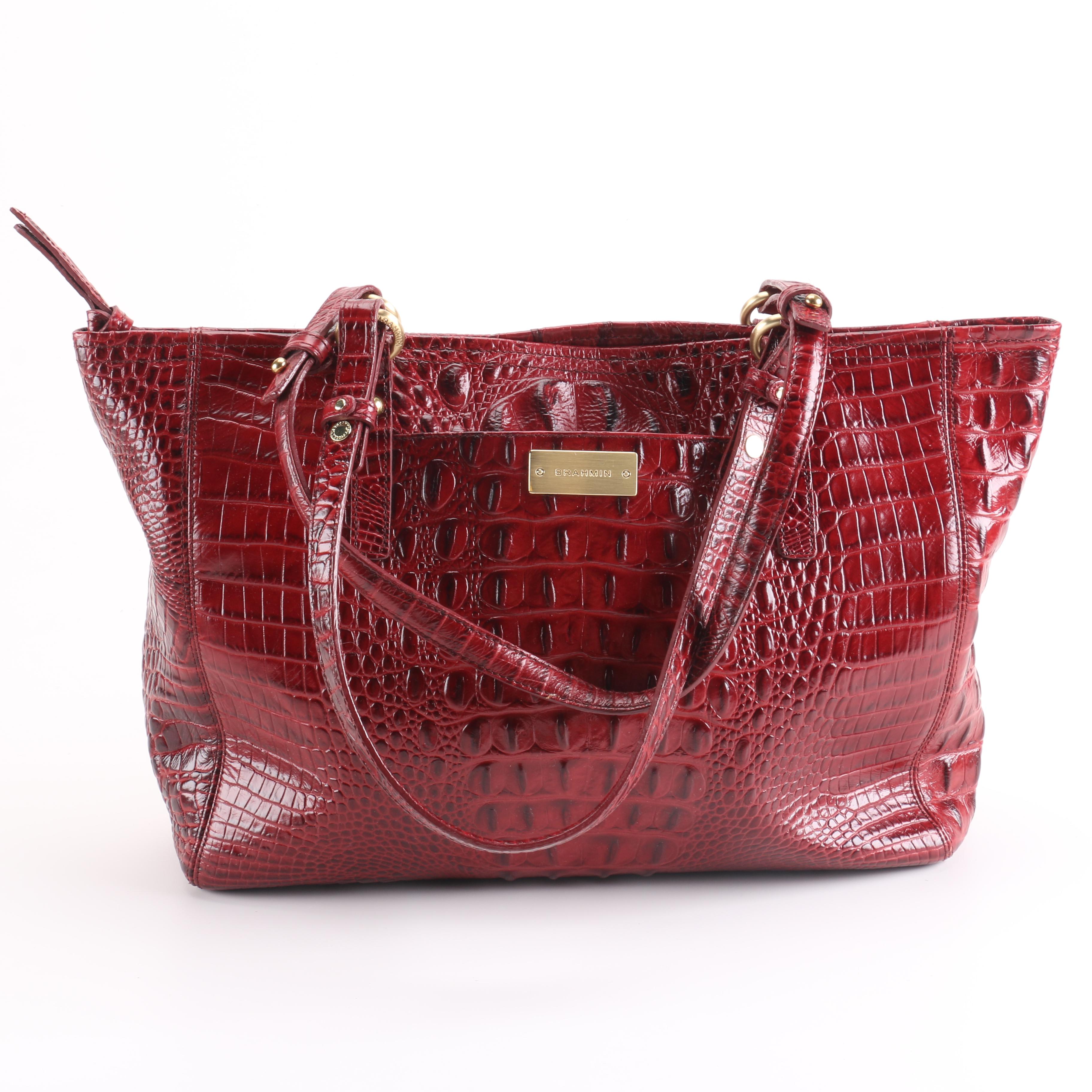Brahmin Embossed Red Leather Tote Bag
