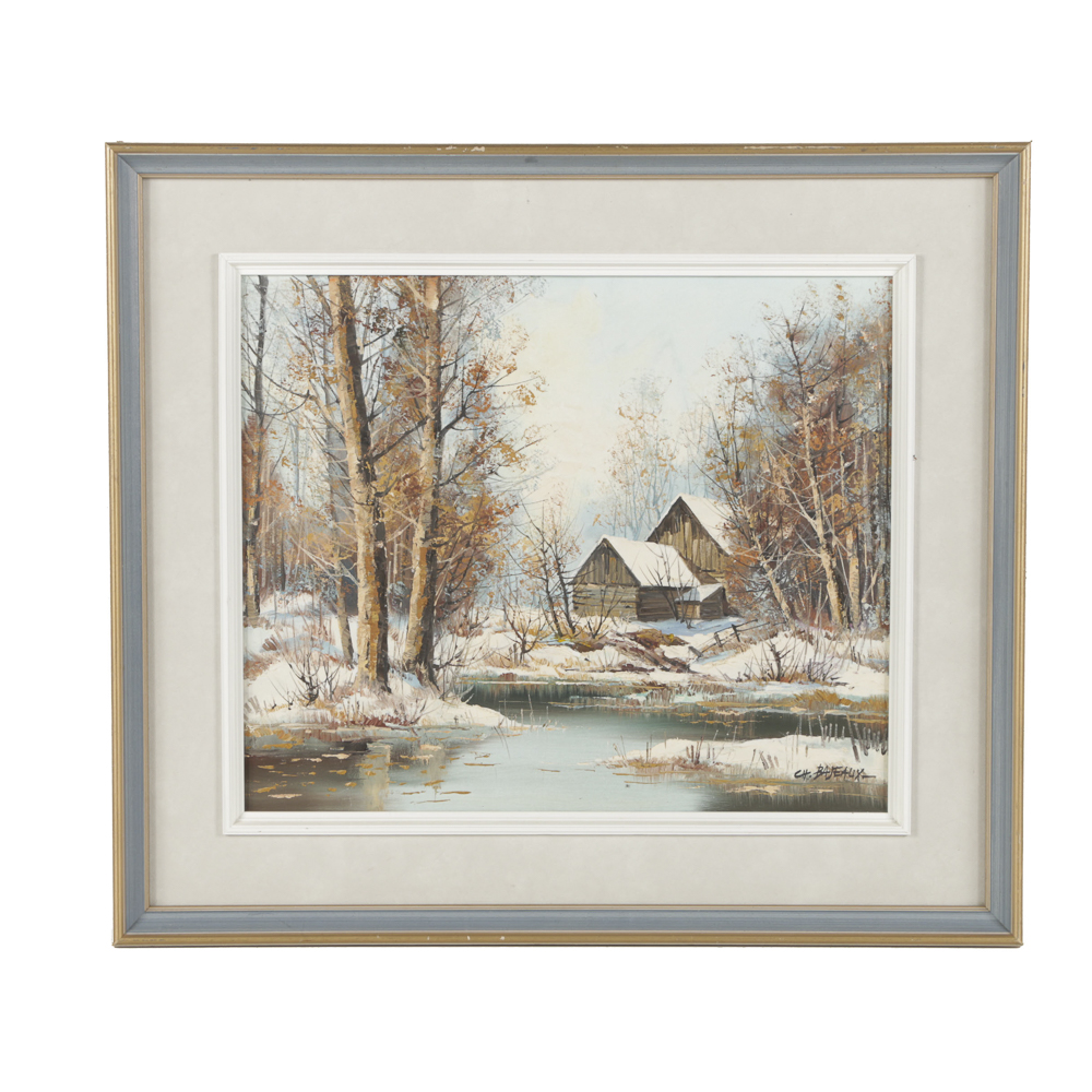 Charlotte Bajeaux Oil Painting on Canvas Wintry Landscape
