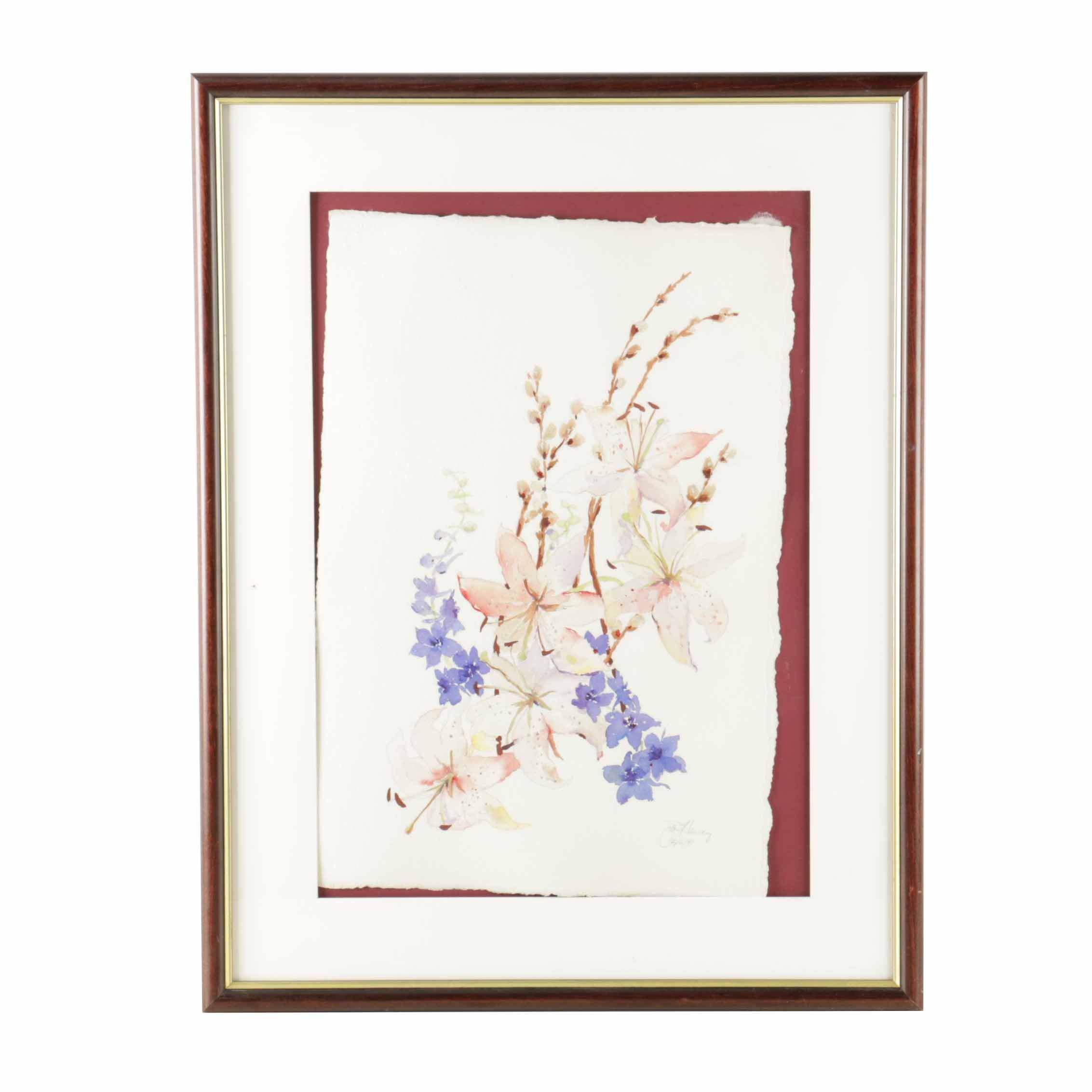 1991 Dan Harvy Watercolor Painting of Lilies