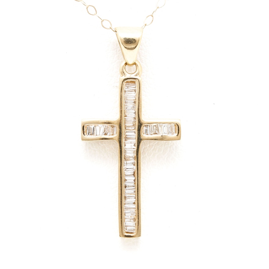 14K Yellow Gold Diamond Cross Pendant Necklace