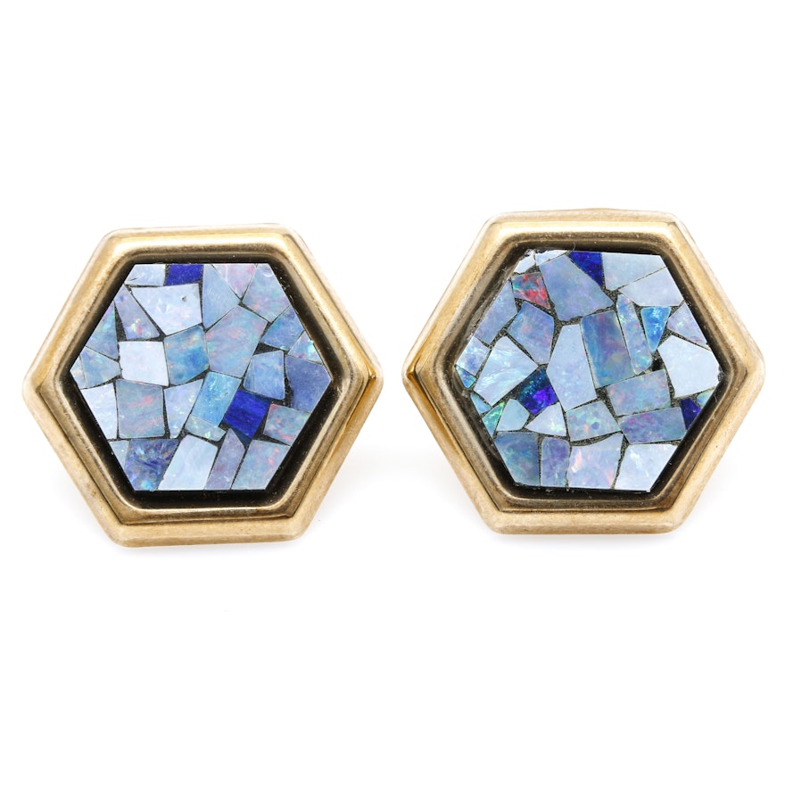 14K Yellow Gold Opal Mosaic Earrings