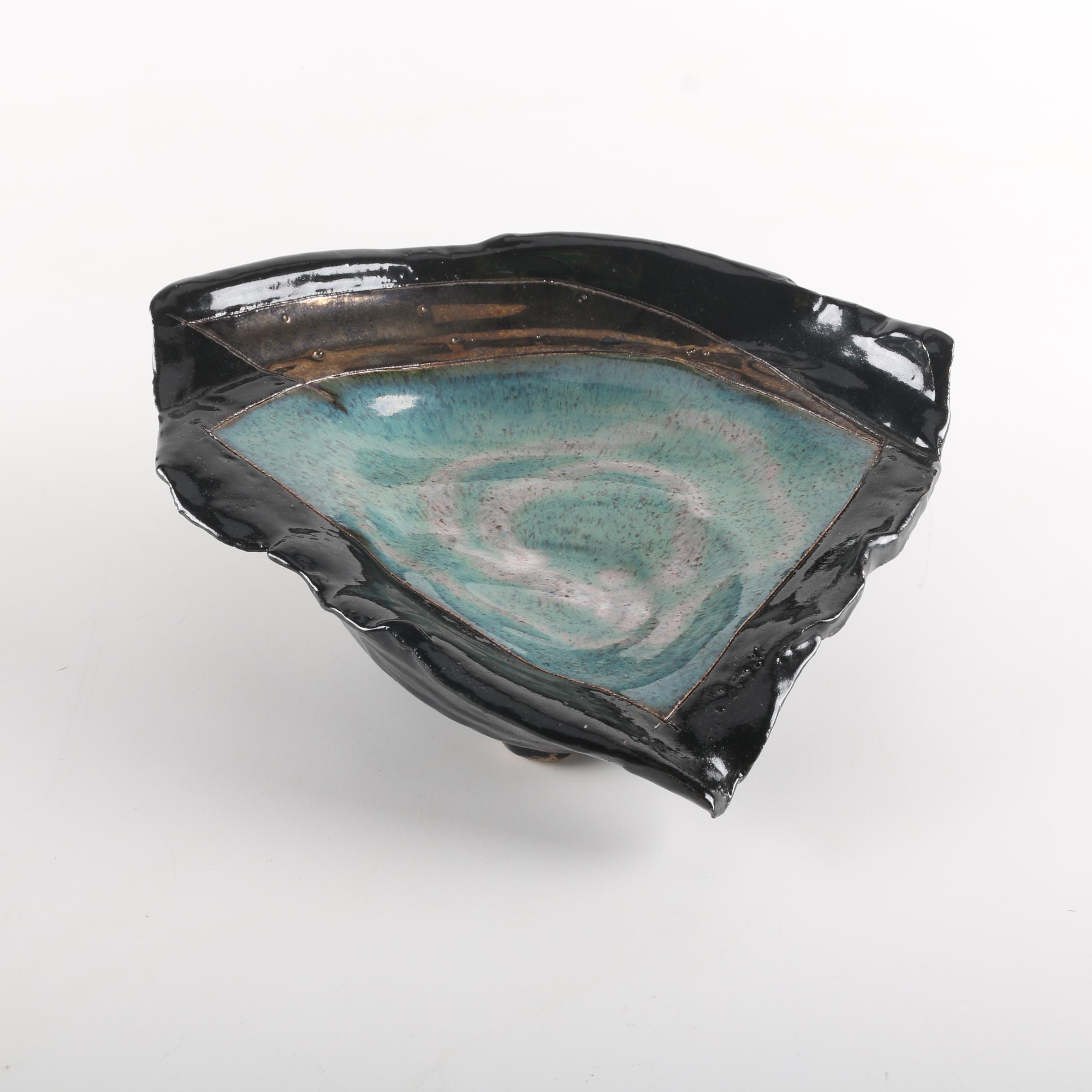 Handbuilt Black and Blue Triangular Stoneware Footed Dish