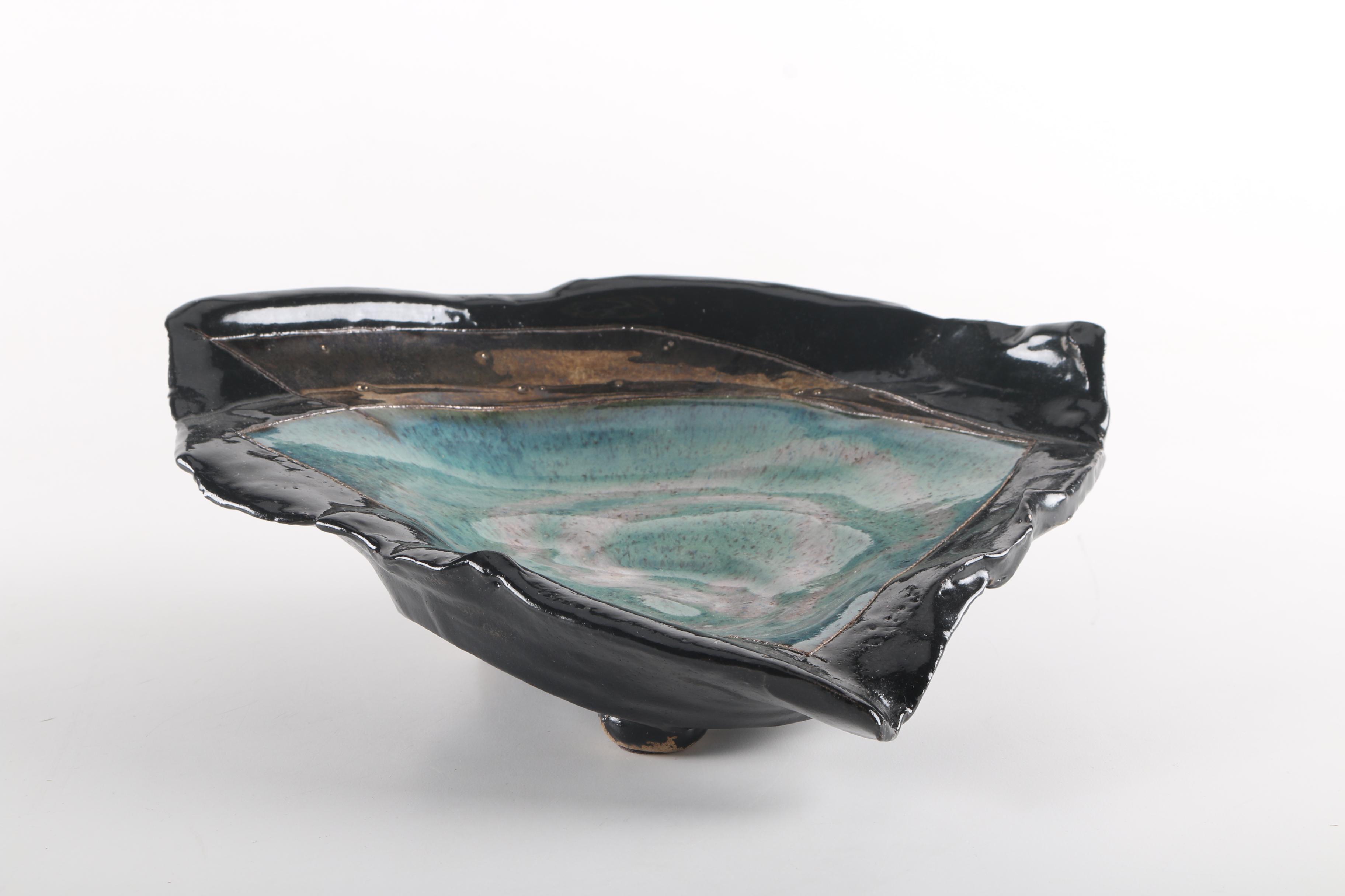 Handbuilt Black and Blue Triangular Stoneware Footed Dish