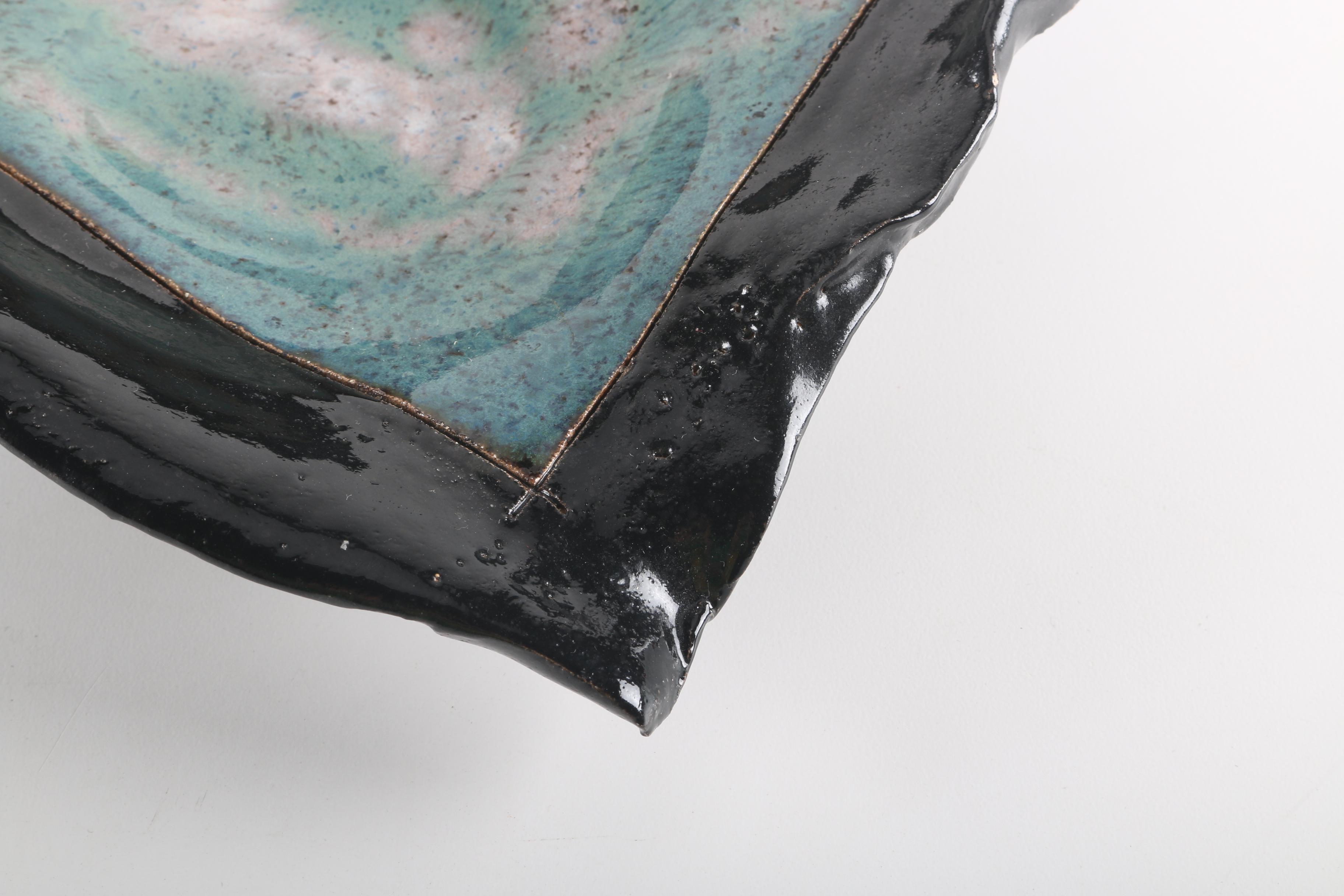 Handbuilt Black and Blue Triangular Stoneware Footed Dish