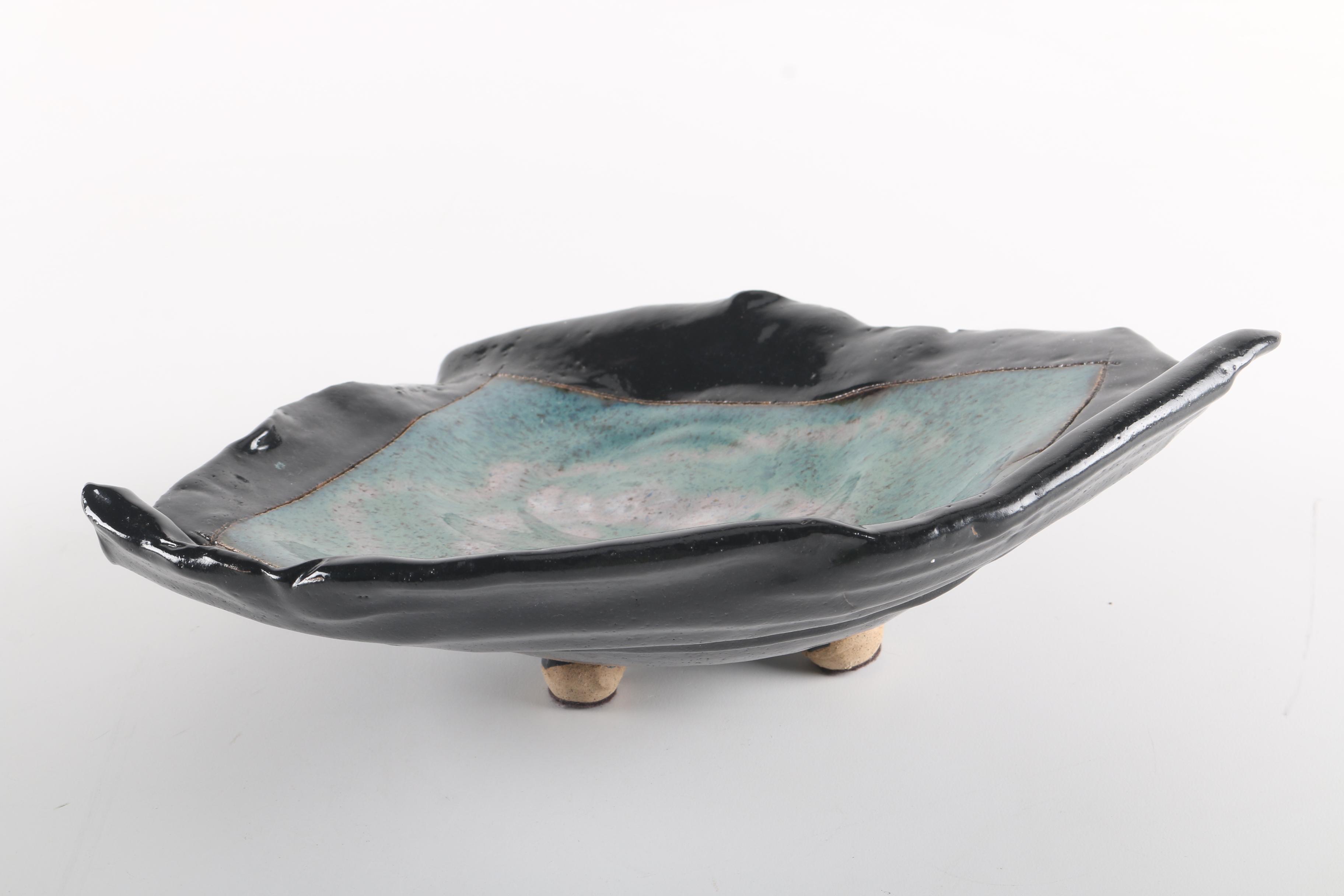 Handbuilt Black and Blue Triangular Stoneware Footed Dish