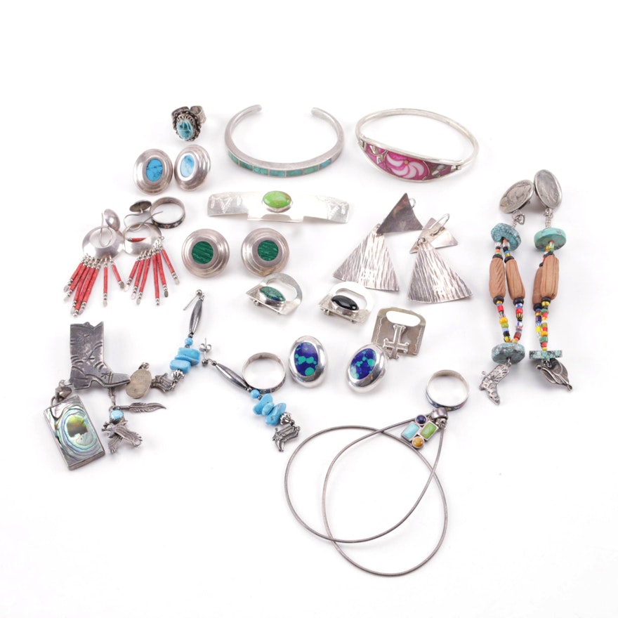 Southwestern Style Sterling and Silver Tone Jewelry With Gemstones Featuring Navajo Ben J. Chavez