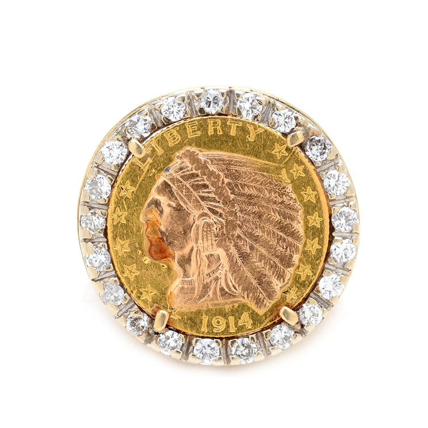 18K Yellow Gold 1914 $2.50 Indian Head 22K Gold Coin Diamond Ring