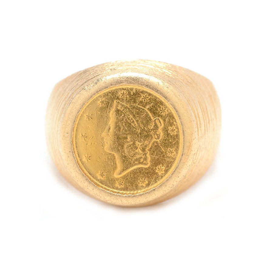 14K Yellow Gold 1849 $1 Open Wreath Liberty Head 22K Gold Coin Ring