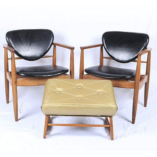 Pair of Mid Century Modern Chairs and Upholstered Foot Stool