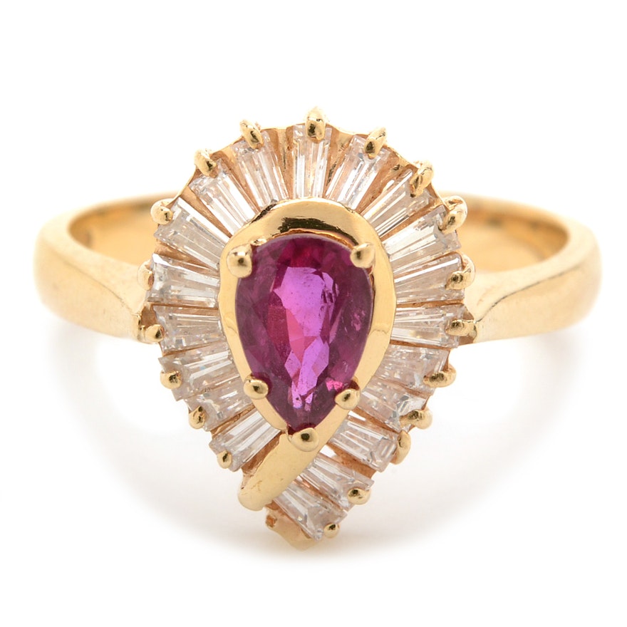 14K Yellow Gold Natural Ruby Diamond Teardrop-Shaped Ring