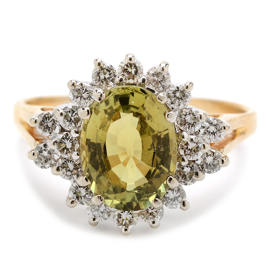 14K Yellow Gold Green Chrysoberyl Diamond Cocktail Ring