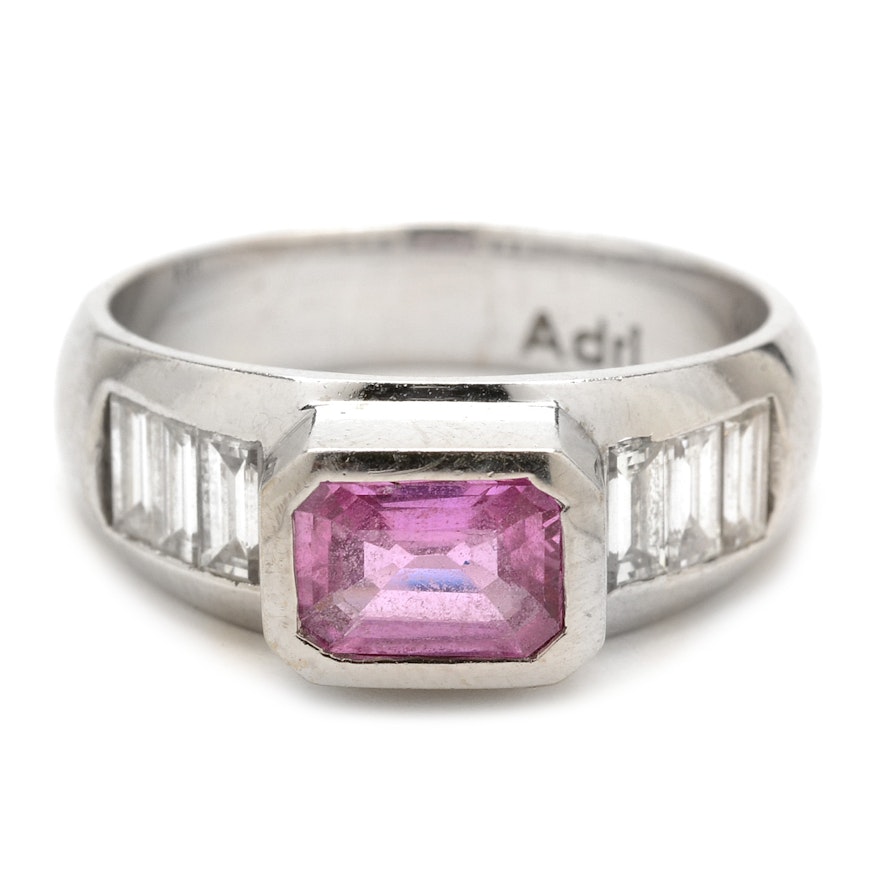 18K White Gold Natural Pink 1.01 Carat Sapphire Diamond Modernist Ring