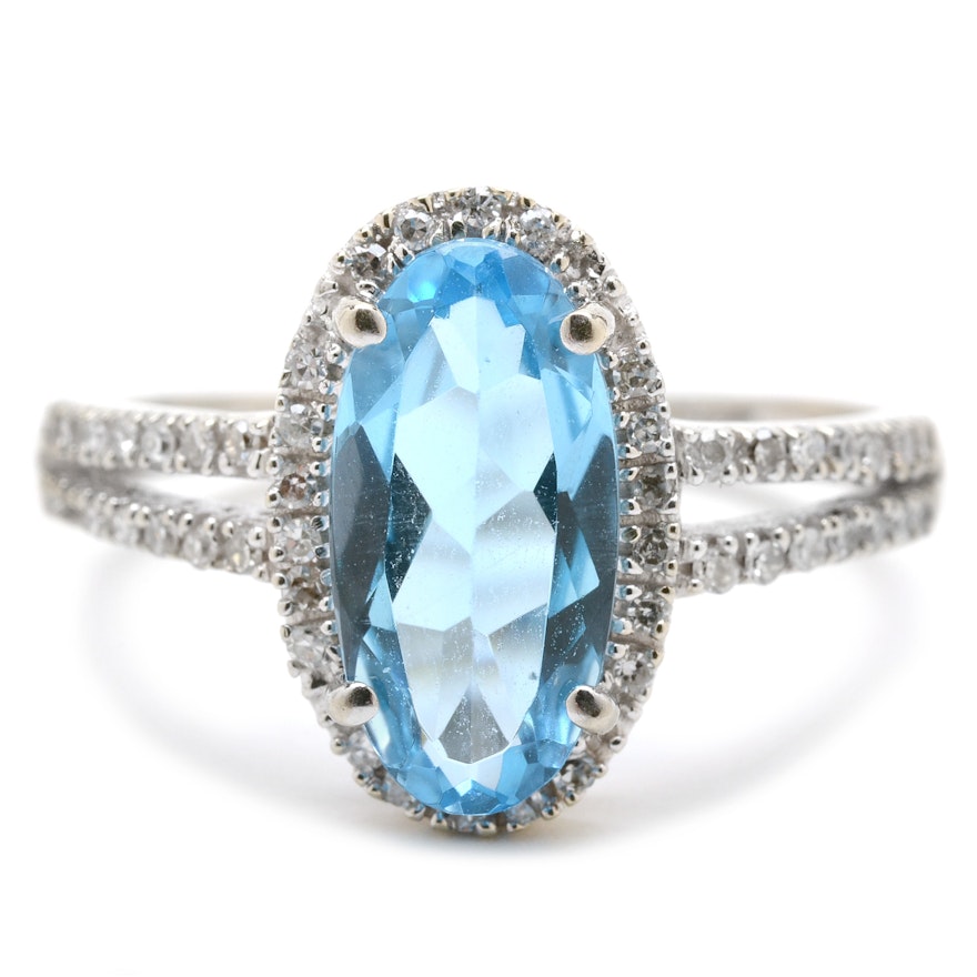 14K White Gold Natural Blue Topaz Diamond Fashion Ring