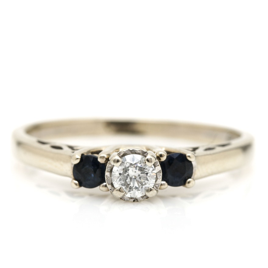 14K White Gold Diamond and Sapphire Ring