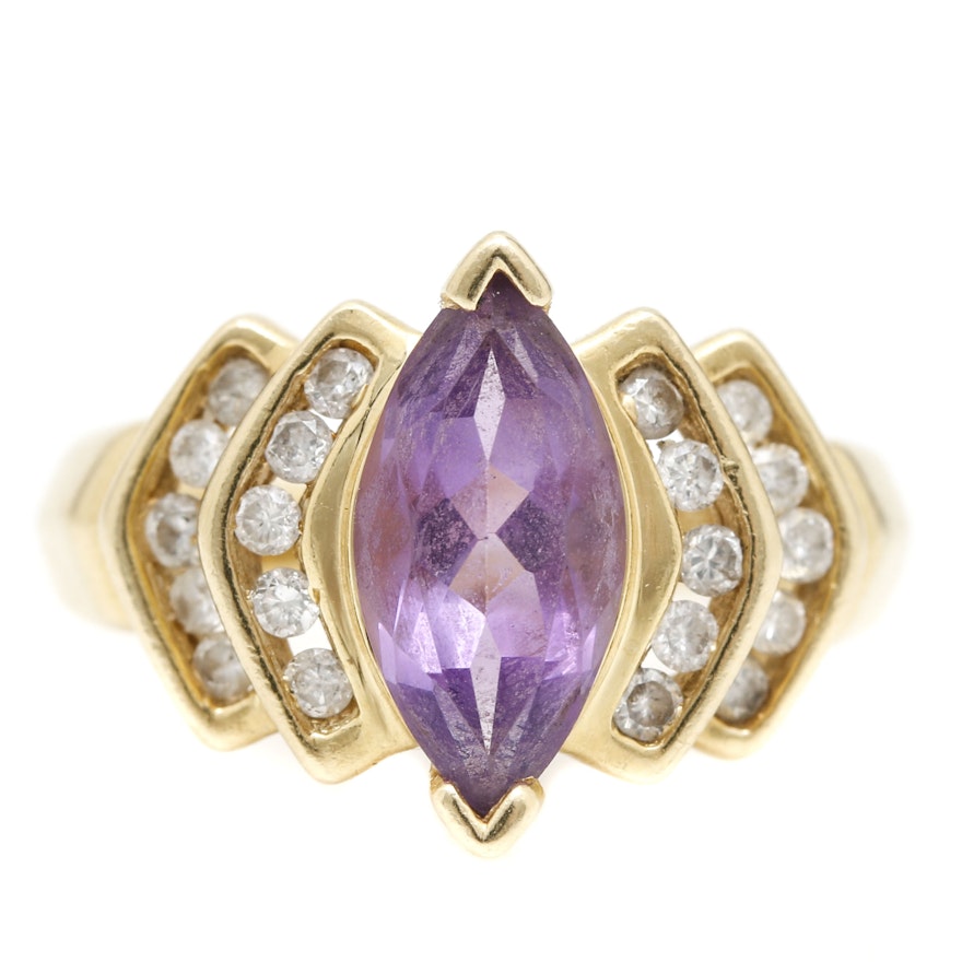 14K Yellow Gold Diamond and 1.42 CT Amethyst Ring