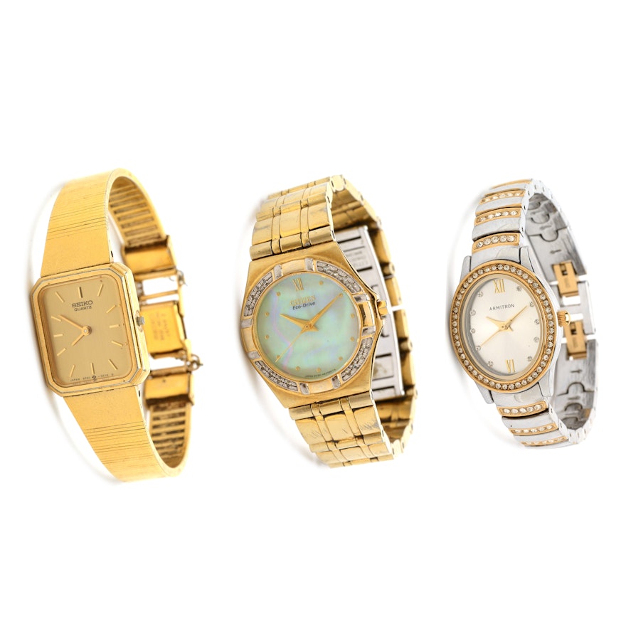 Three Gold-Tone Wristwatches Including Citizen