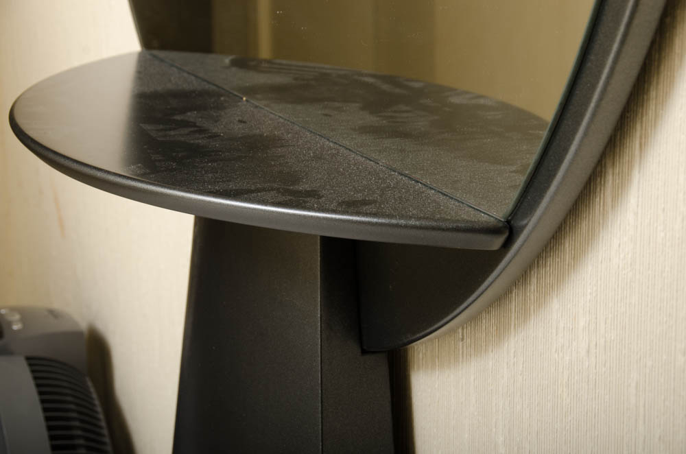 Round Black Wood Framed Mirror With Shelf