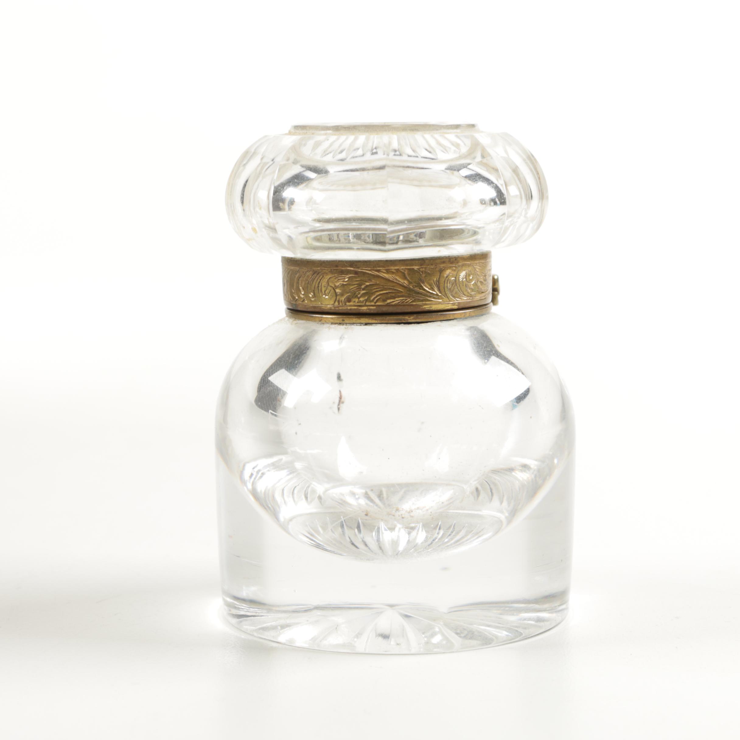 Antique Brass and Glass Ink Well
