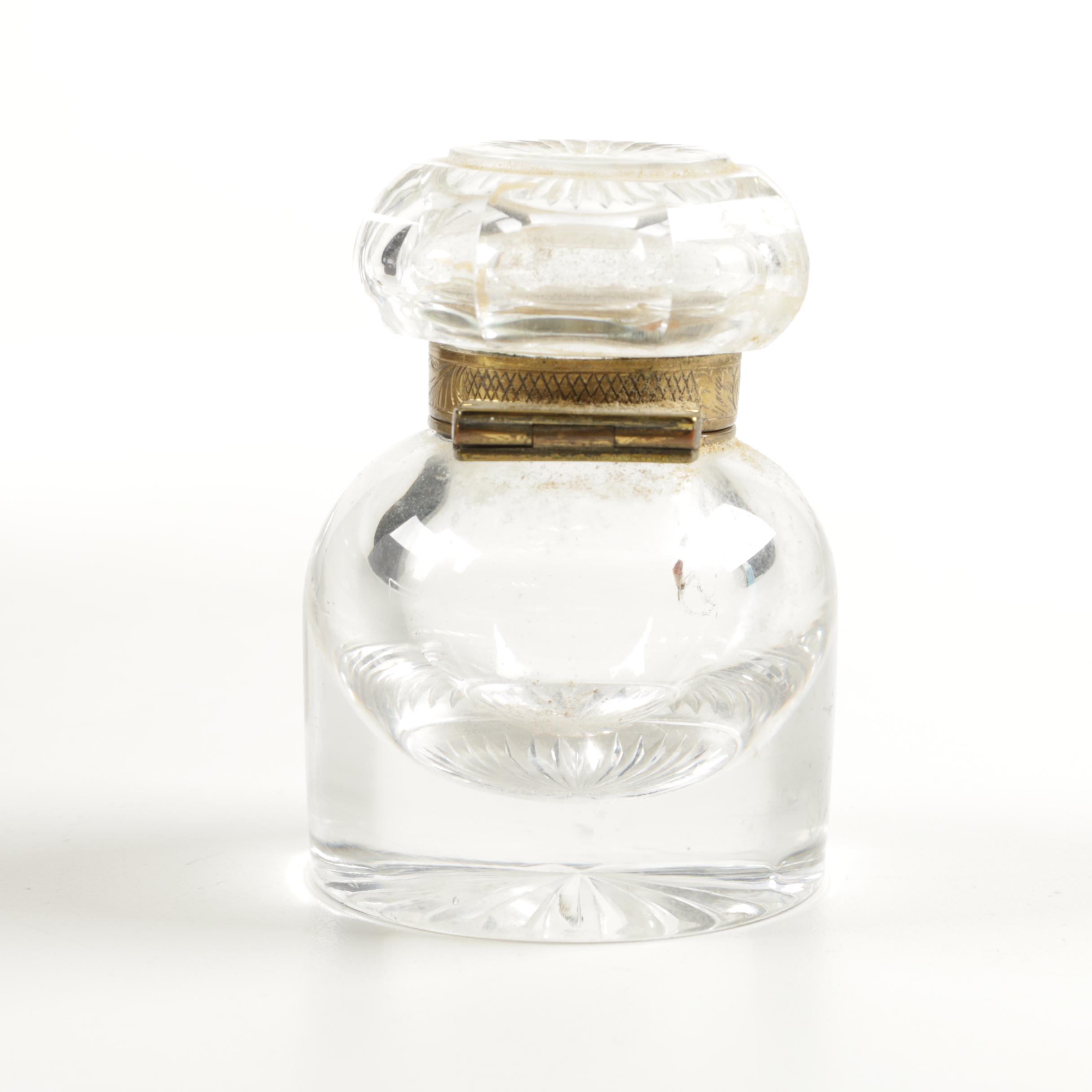 Antique Brass and Glass Ink Well