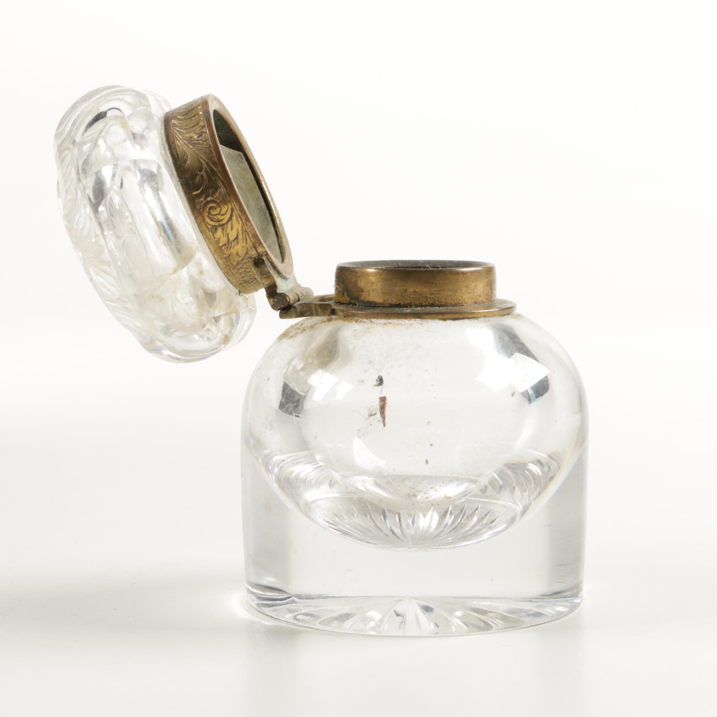 Antique Brass and Glass Ink Well