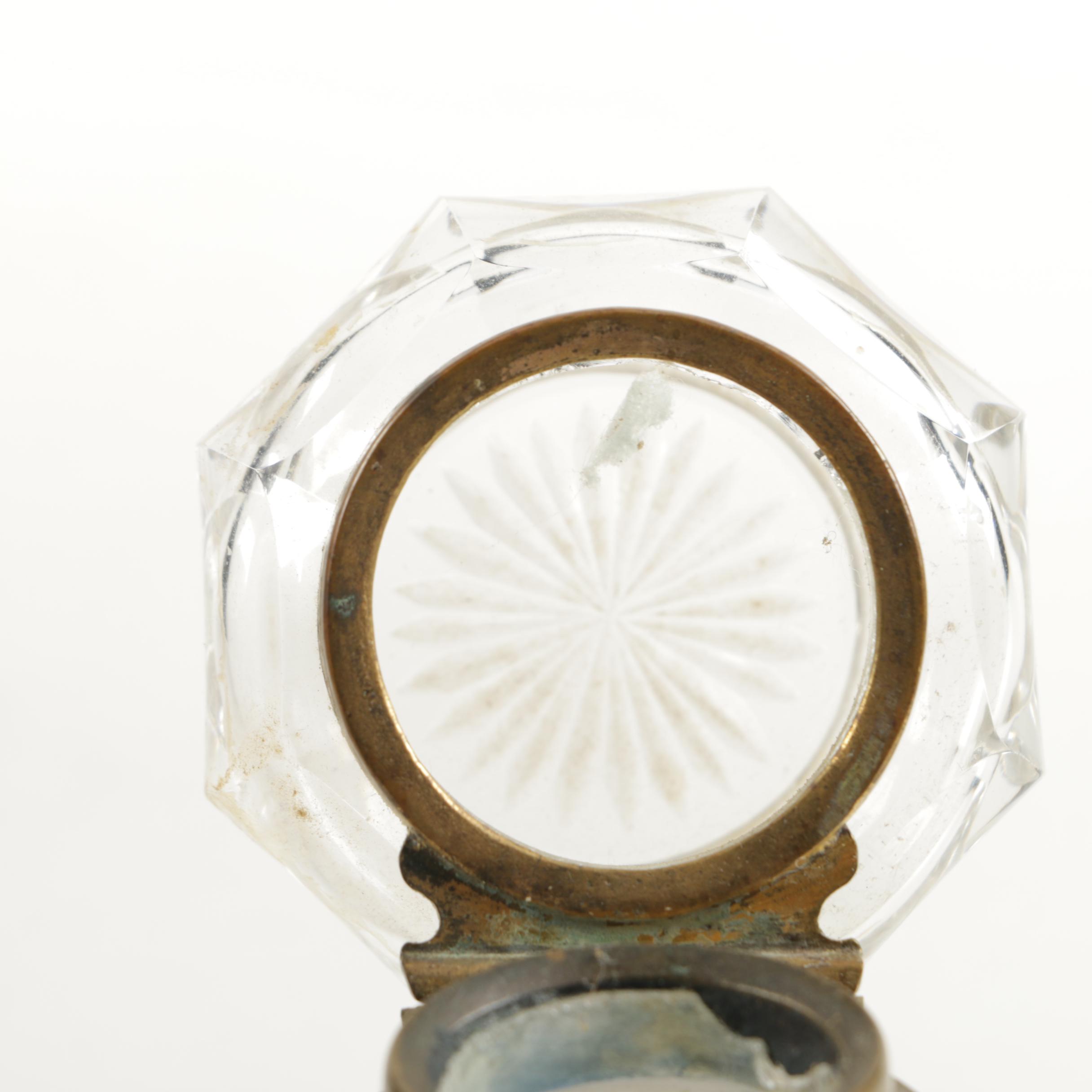 Antique Brass and Glass Ink Well