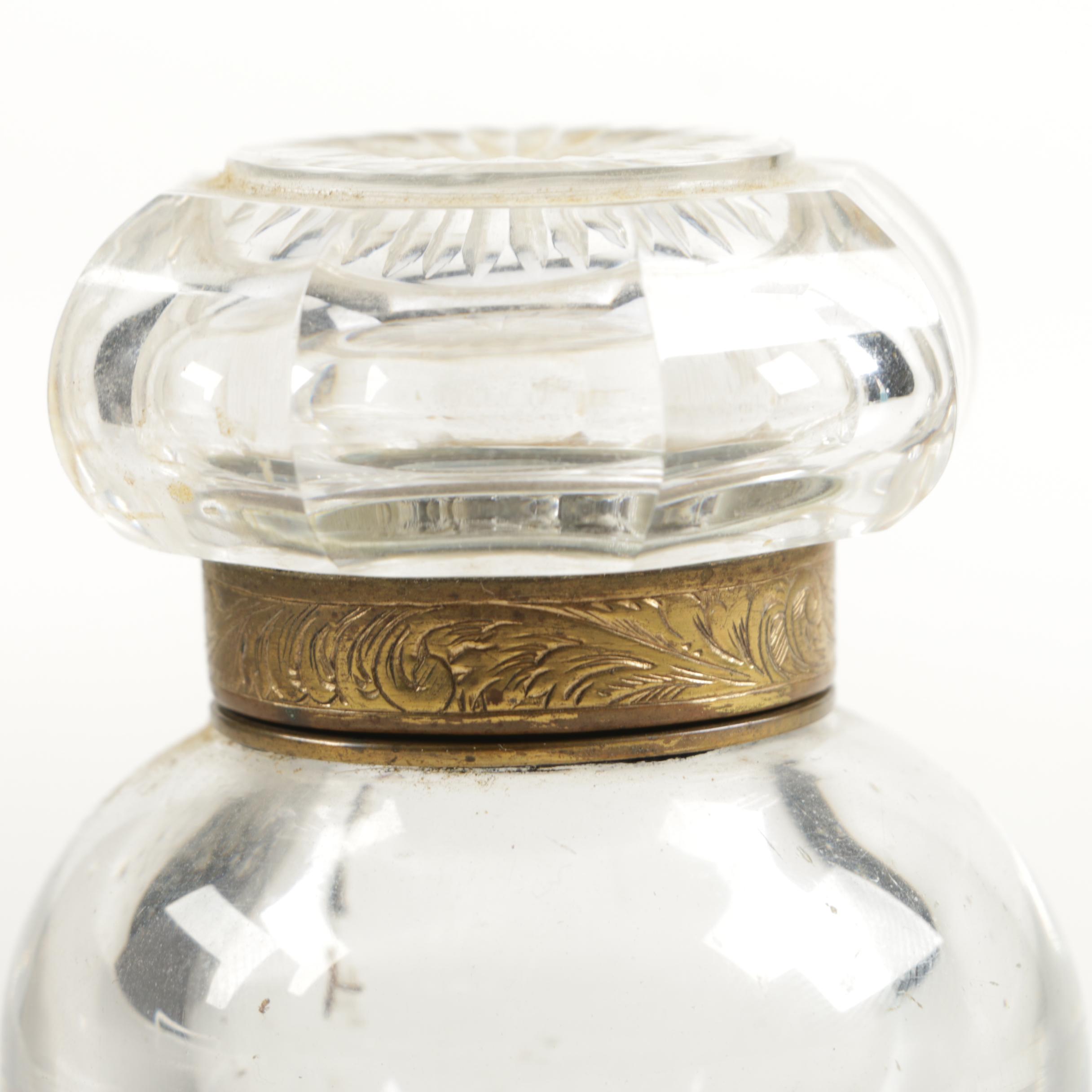 Antique Brass and Glass Ink Well