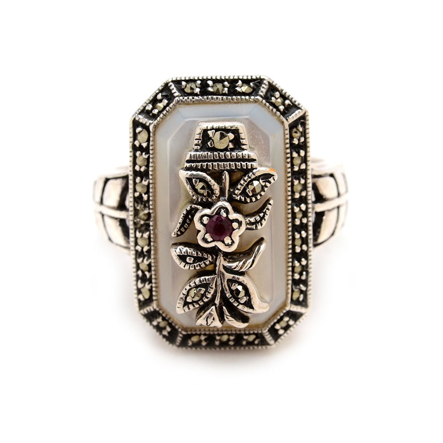 Sterling Silver Natural Ruby, Marcasite, and Mother of Pearl Ring