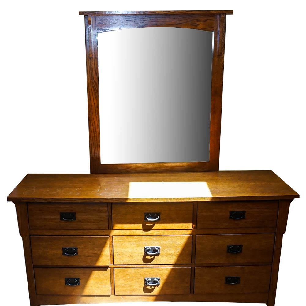 Oak Mission Style Chest of Drawers with Mirror