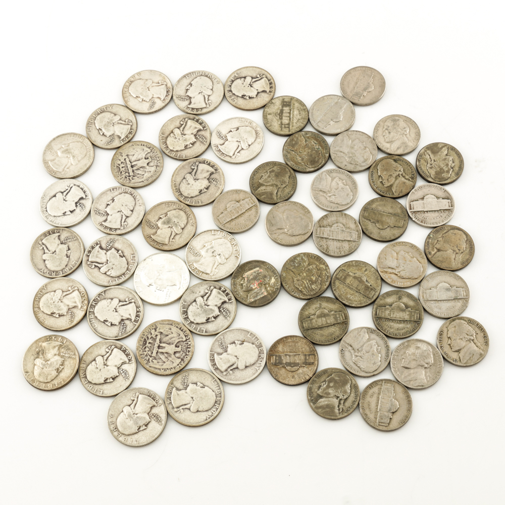 Group of Washington Silver Quarters and Vintage Jefferson Nickels