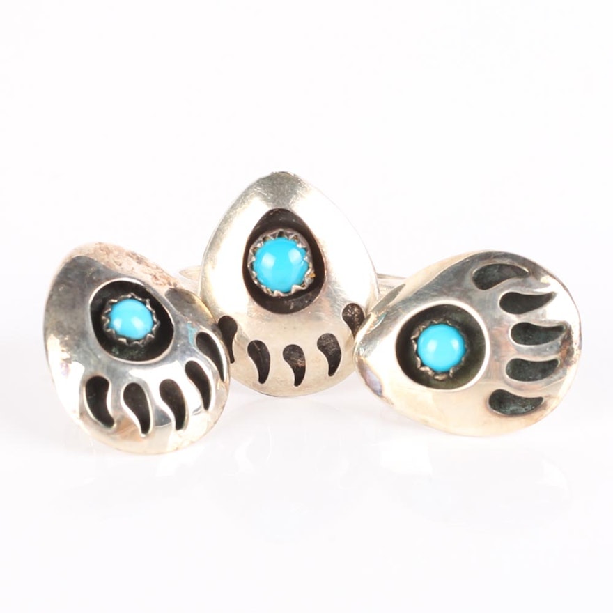 Sterling Silver and Turquoise Bear Claw Ring and Earrings