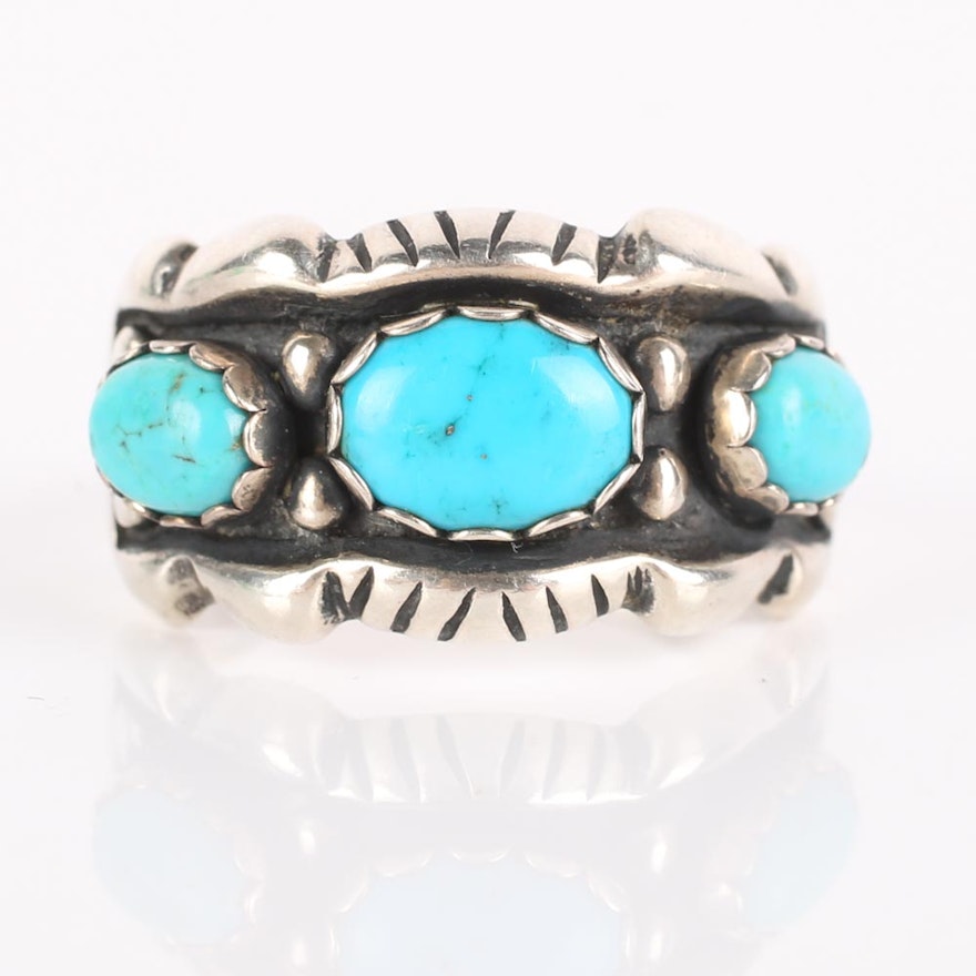 Sterling Silver and Three-Stone Turquoise Ring