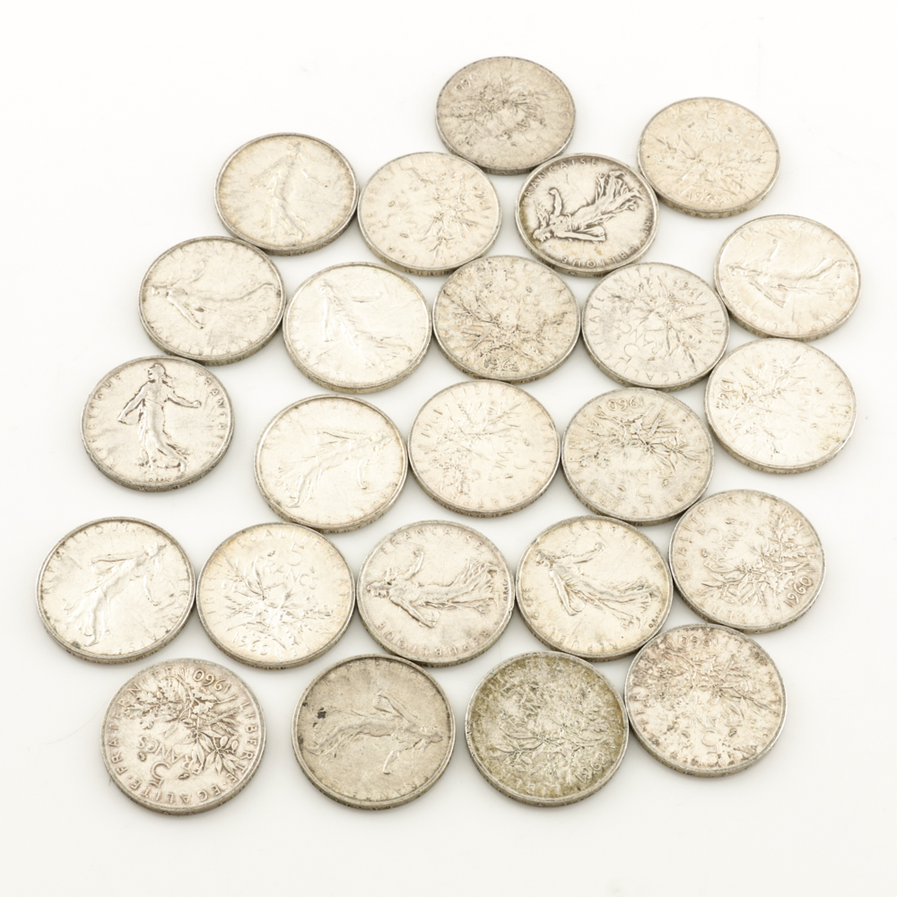 Twenty-Four Silver French 5 Franc Coins